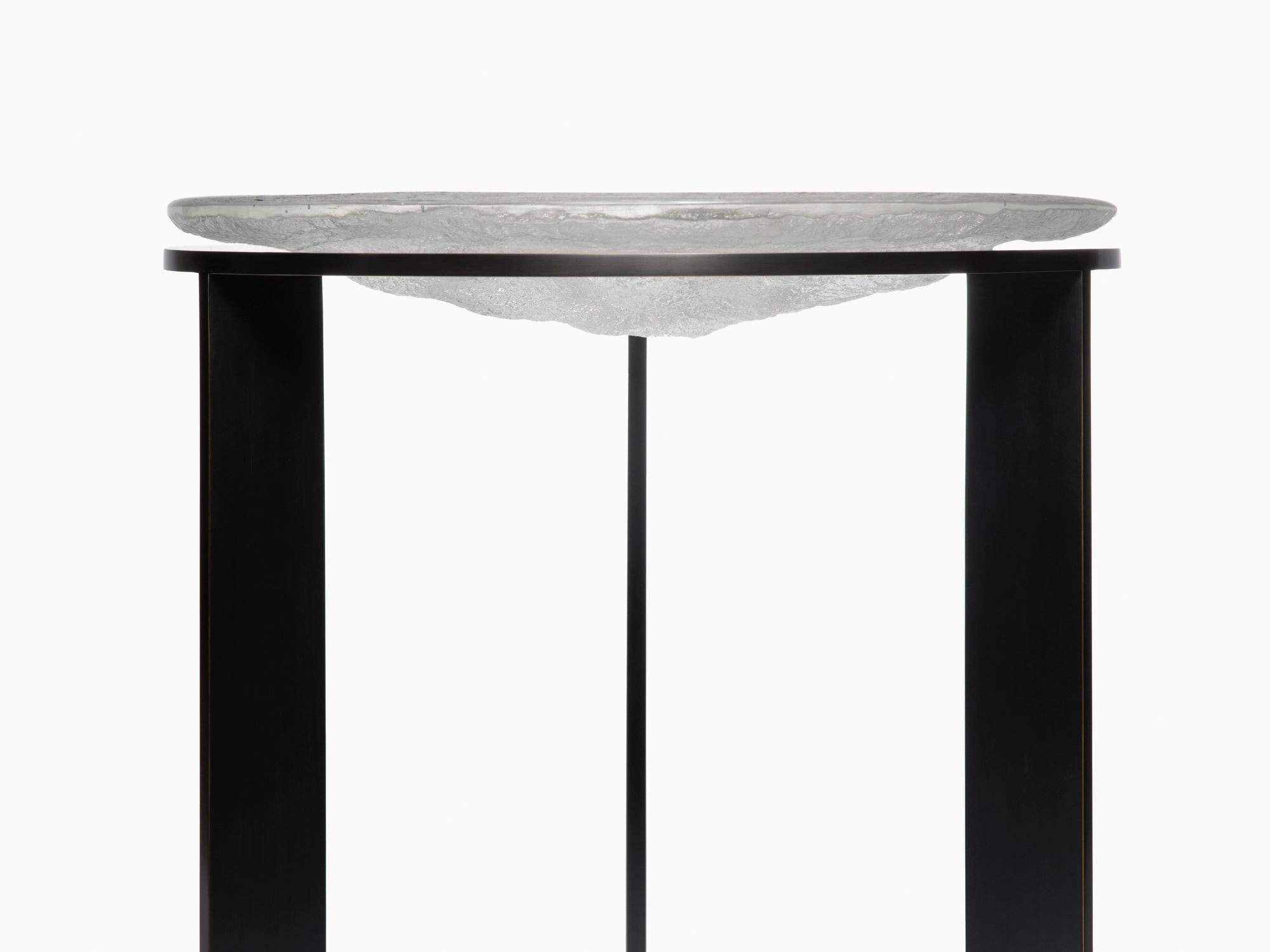 Modern Kepler Side Table in Metal and Ladle Poured Cast Glass For Sale