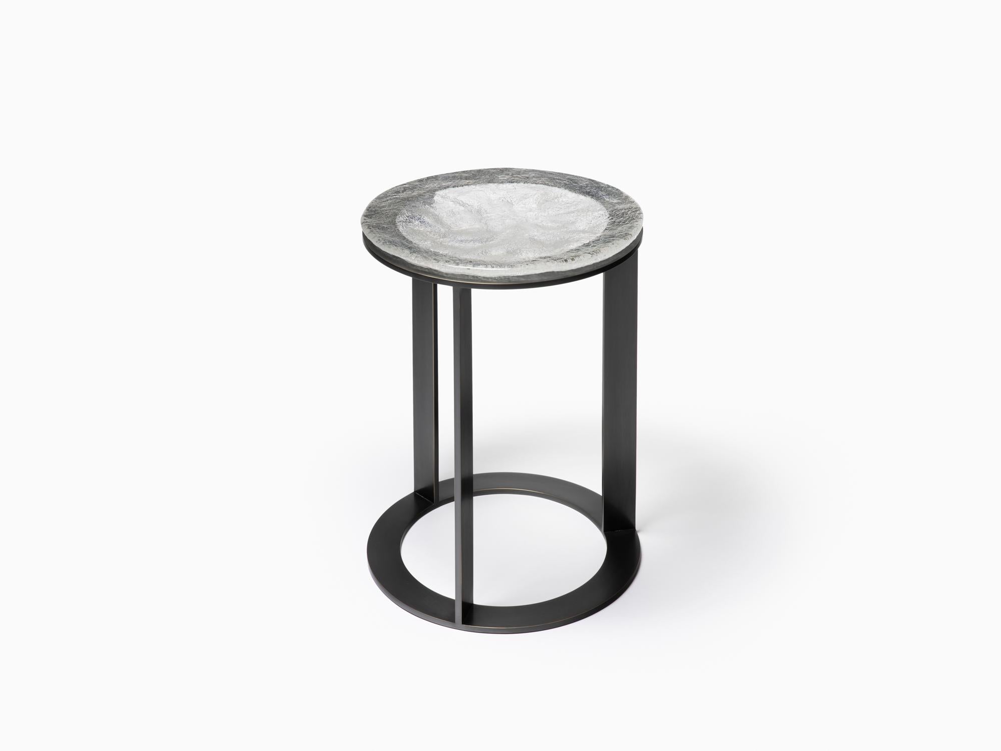 American Kepler Side Table in Metal and Ladle Poured Cast Glass For Sale