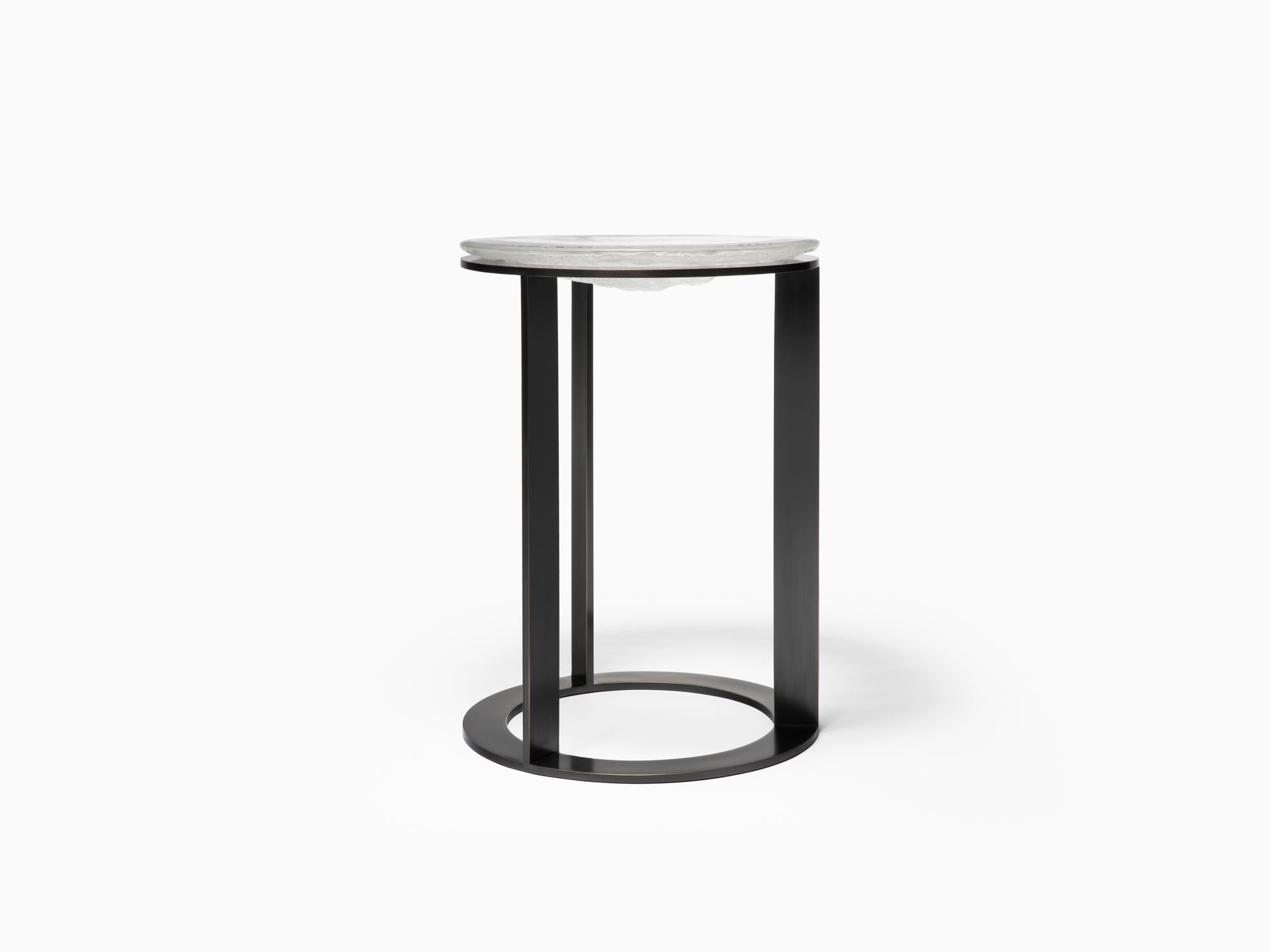 Bronzed Kepler Side Table in Metal and Ladle Poured Cast Glass For Sale
