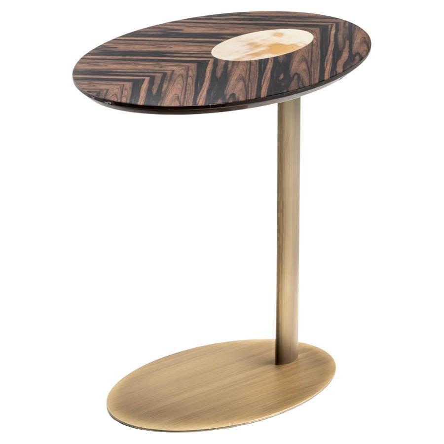 Keplero Oval End Table in Makassar Ebony Veneer, Horn & Brass by Arcahorn For Sale
