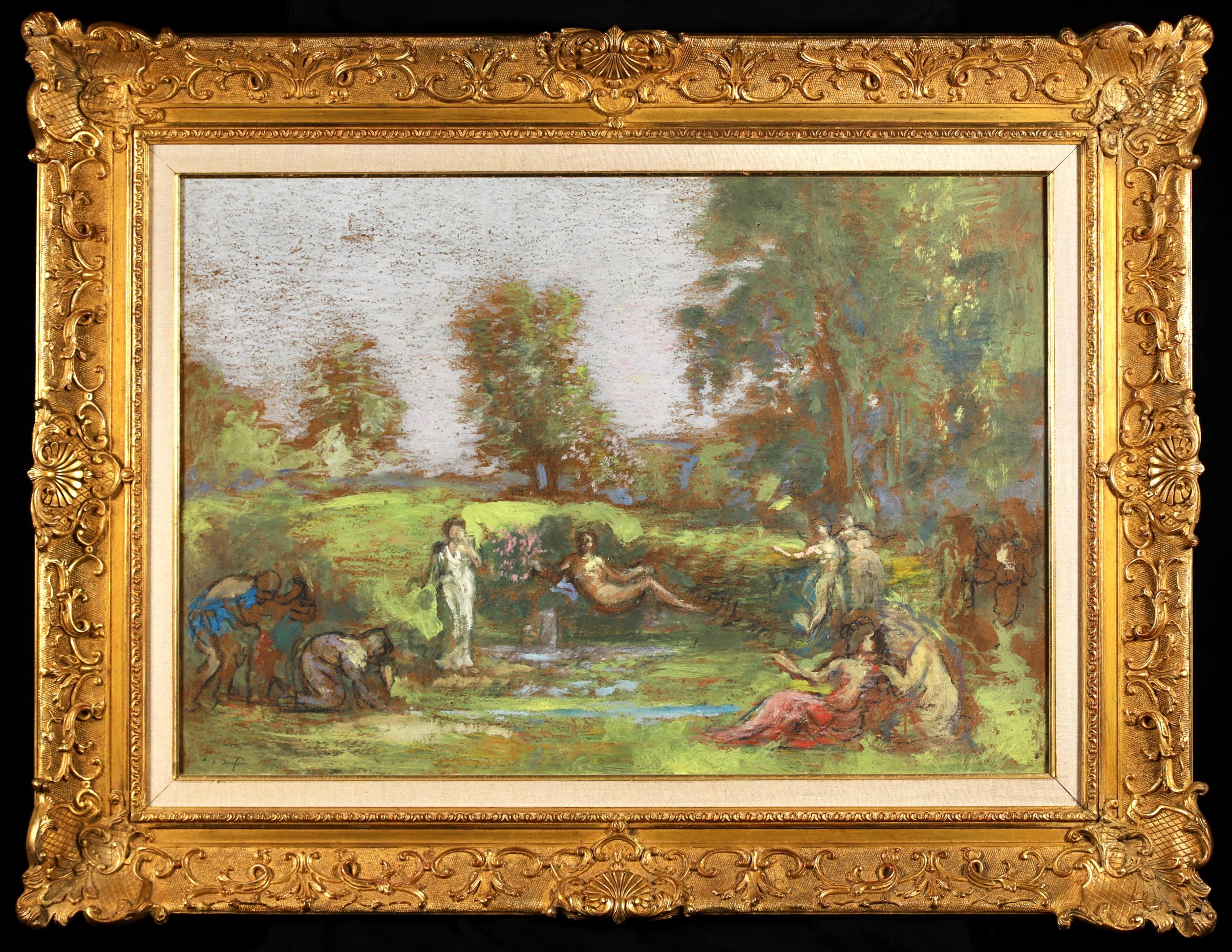 Signed symbolist oil on panel circa 1910 by French Les Nabis painter Ker-Xavier Roussel. This beautiful  painting depicts nudes and figures dressed in robes in a wooded landscape.

Signature:
Signed lower left

Dimensions:
Framed: 31"x40"
Unframed: