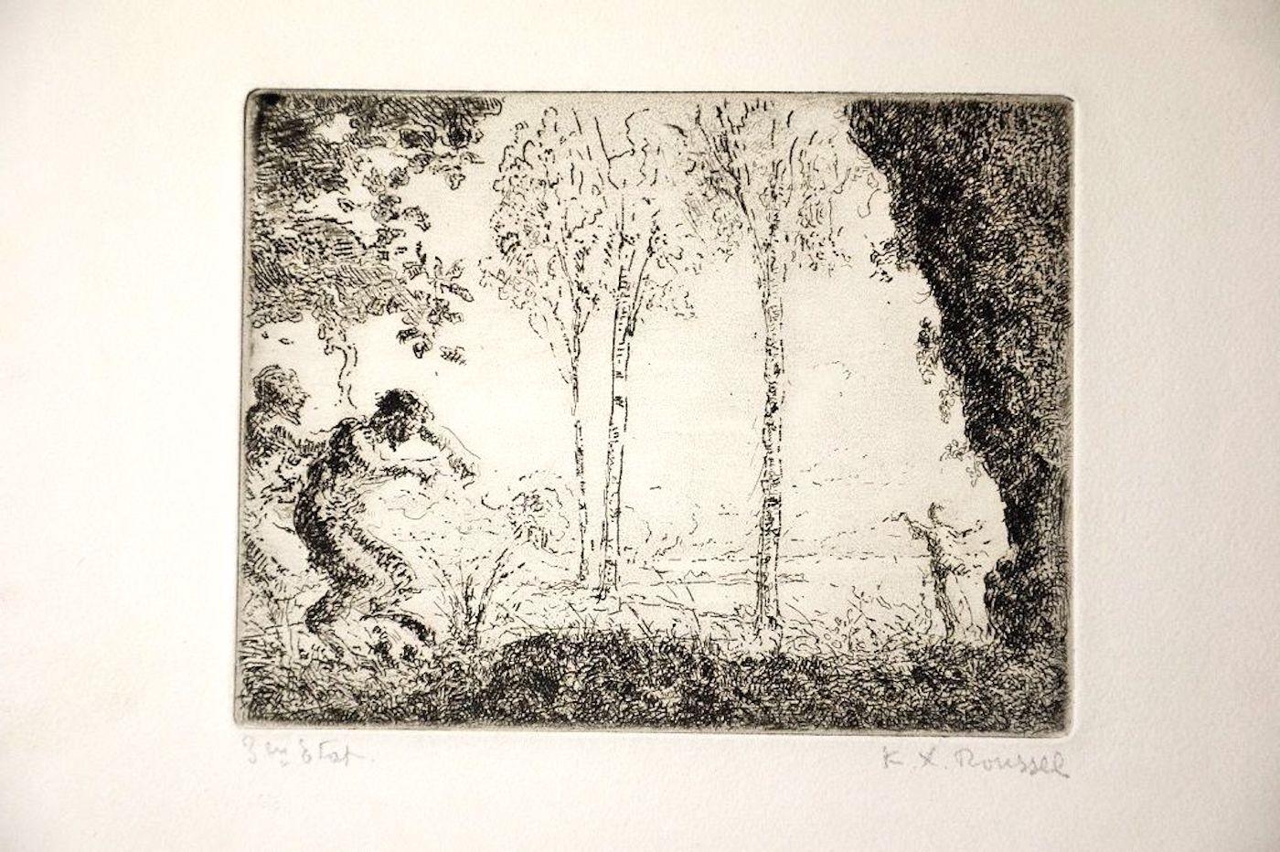 Ker Xavier Roussel Landscape Print - Nymphe et Faunes - Etching by K.-X. Roussel - 1900 ca.