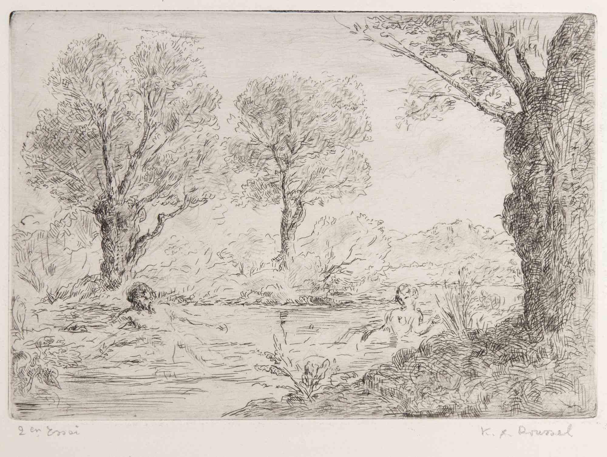 Ker Xavier Roussel Landscape Print - Satyre et Nymphe se Baignant dans un étang - Etching by Ker X. Roussel - 1900s
