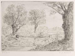 Satyre et Nymphe se Baignant dans un étang - Etching by Ker X. Roussel - 1900s