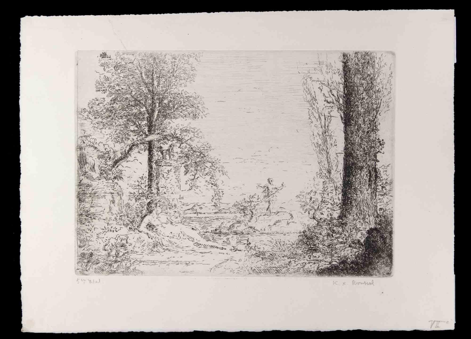 Ker Xavier Roussel Figurative Print - Satyre et Nymphe se Baignant dans un étang - Etching by Ker X. Roussel - 1900s