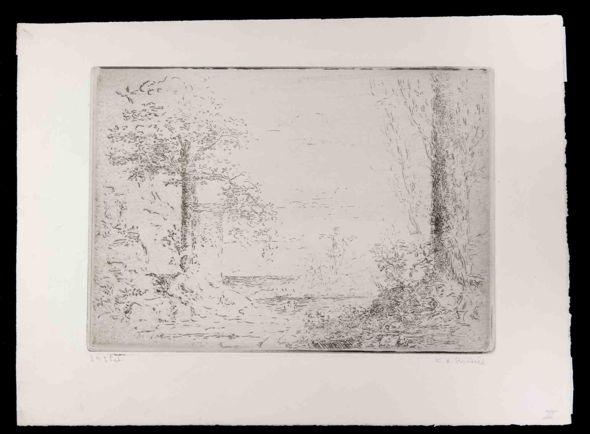 Ker Xavier Roussel Figurative Print - Satyre et Nymphe se Baignant dans un étang - Etching by Ker X. Roussel - 1900s