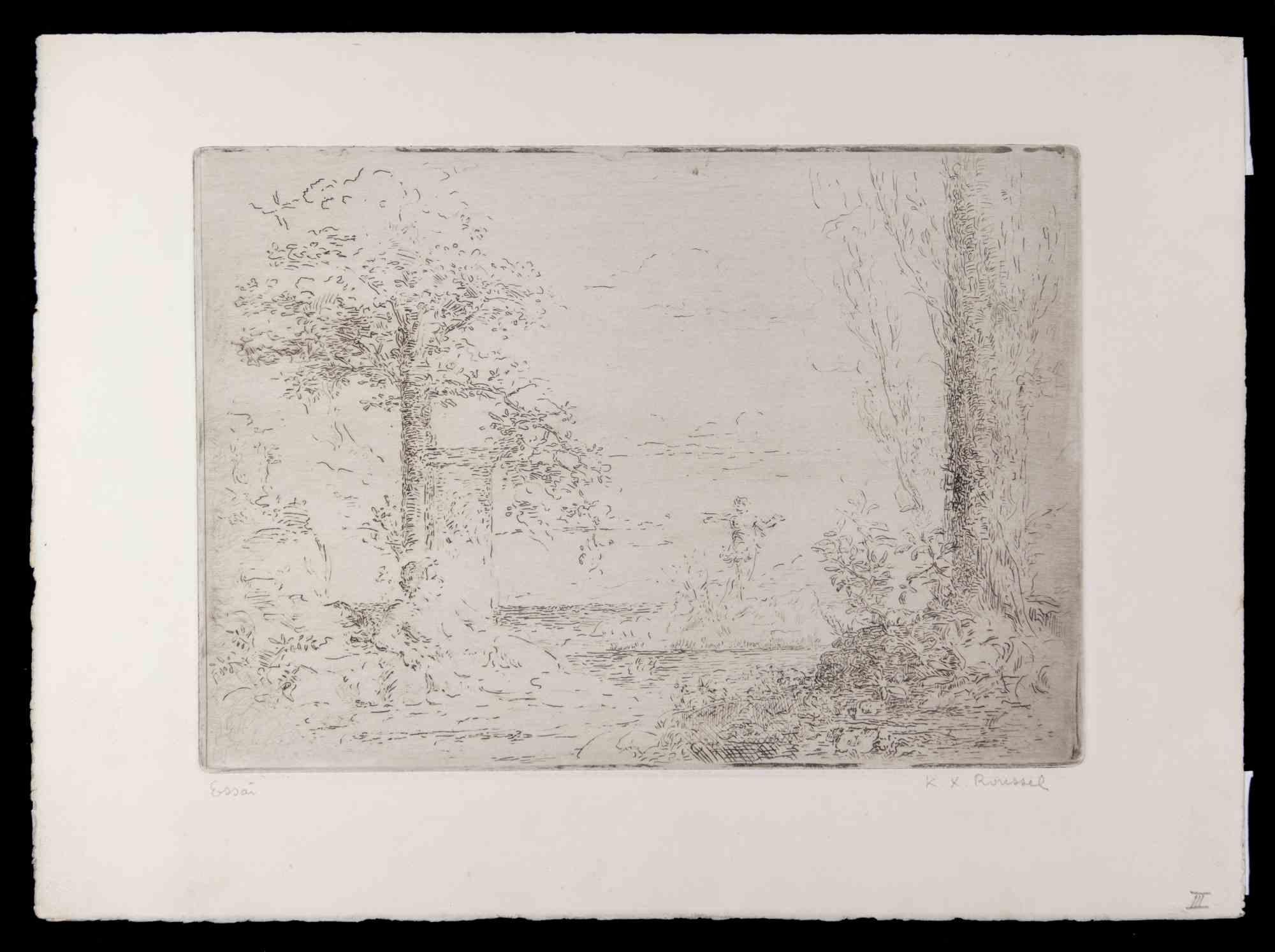 Ker Xavier Roussel Landscape Print - Satyre et Nymphe se Baignant dans un étang - Etching by Ker X. Roussel - 1900s