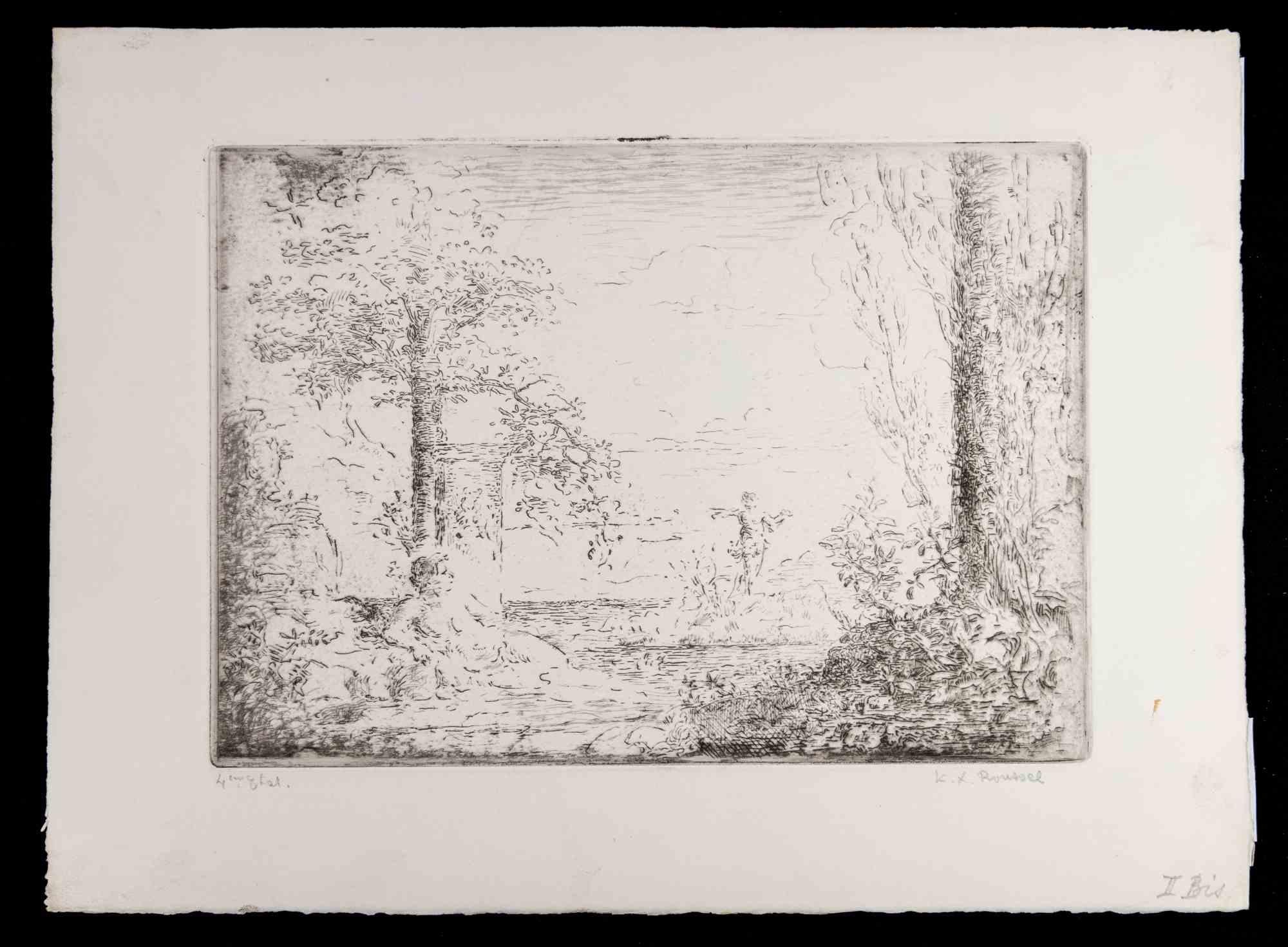 Figurative Print de Ker Xavier Roussel - Satyre et Nymphe se Baignant dans un étang - Aguafuerte de Ker X. Roussel - 1900s
