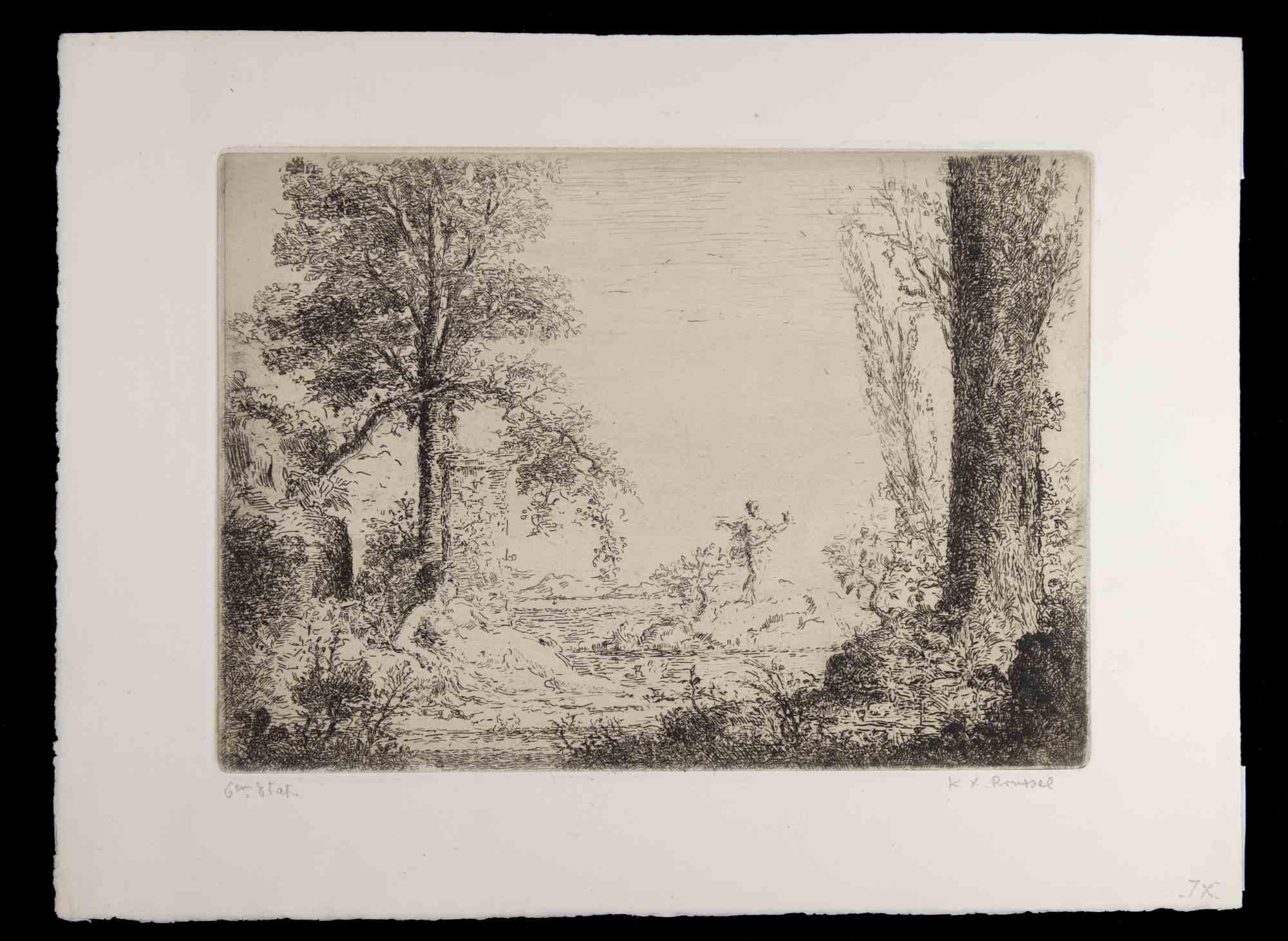 Ker Xavier Roussel Figurative Print - Satyre et Nymphe se Baignant dans un étang - Etching by Ker X. Roussel - 1900s
