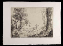 Satyre et Nymphe se Baignant dans un étang - Etching by Ker X. Roussel - 1900s
