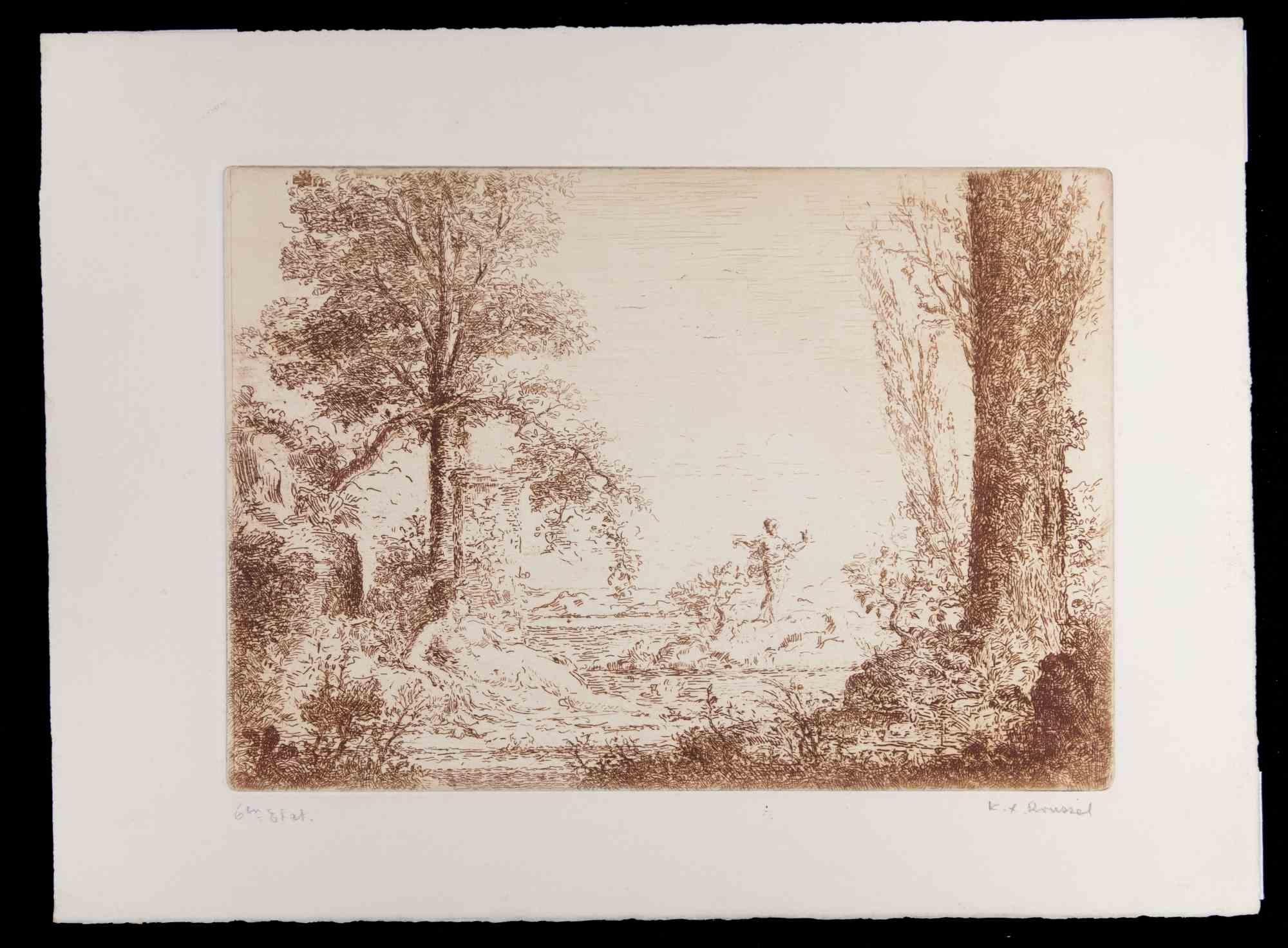 Ker Xavier Roussel Figurative Print - Satyre et Nymphe se Baignant dans un étang - Etching by Ker X. Roussel - 1900s