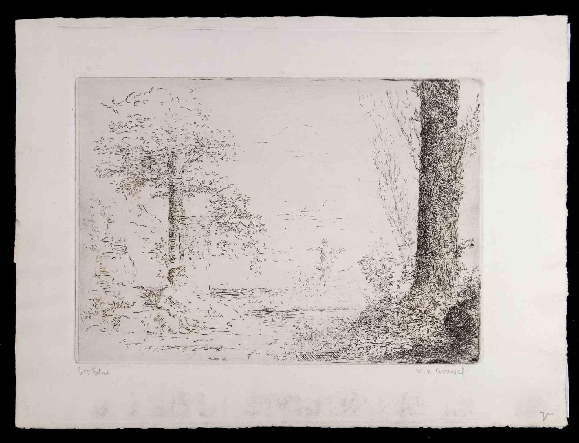 Ker Xavier Roussel Landscape Print - Satyre et Nymphe se Baignant dans un étang - Etching by Ker X. Roussel - 1900s