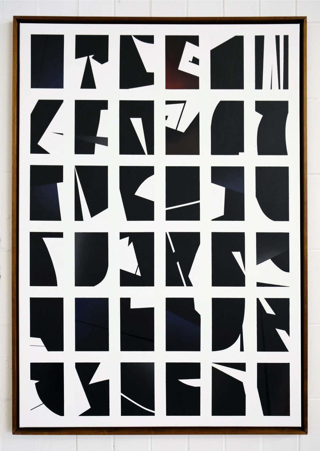 Artist: Kera

Geometric abstraction in white, black and blue

Medium: Acrylics and spraypaint on canvas, framed in thin wood frame.

Size: 130 x 90 cm

Original
