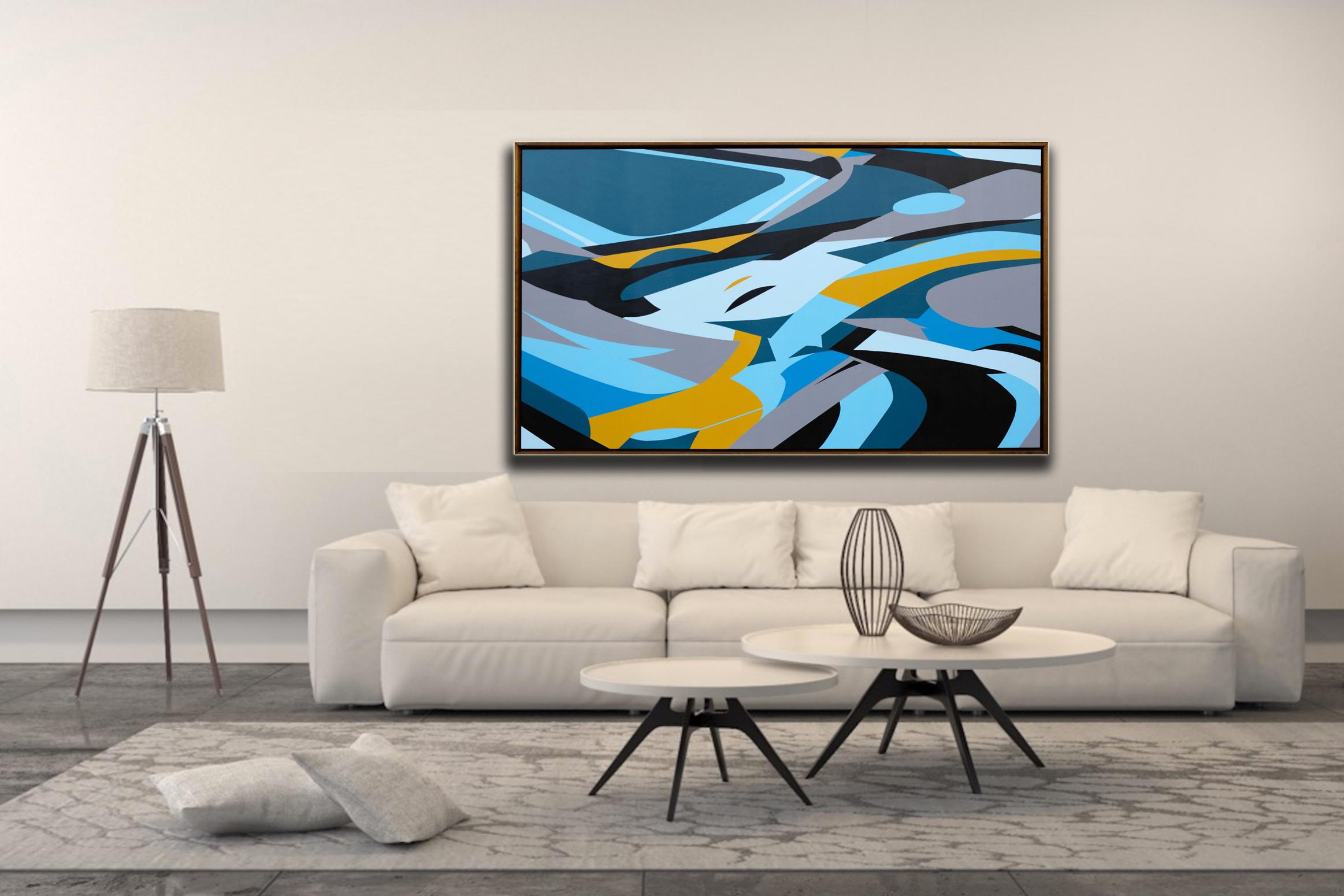 Blue Flow by Kera - Contemporary Geometric Abstraction with black and white 2