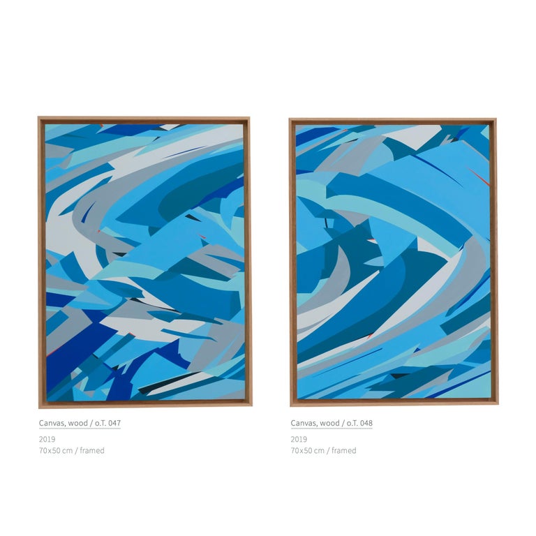 Artist: Kera

Geometric abstraction, contemporary painting in yellow, pink, blue

Medium: Acrylics and spraypaint on wood, framed in thin wood frame.

Size:  70  x 50  cm each painting so overall width with spacing is 110 cm

Original