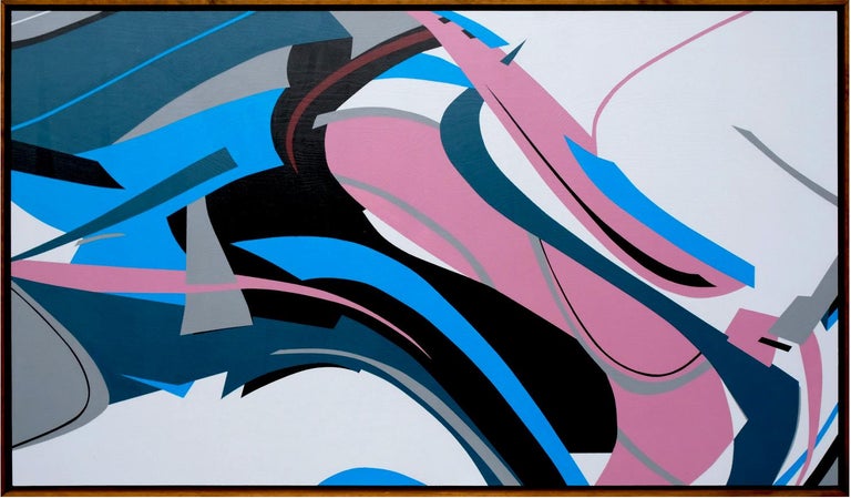 Artist: Kera

Geometric abstraction, contemporary painting in yellow, pink, blue

Medium: Acrylics and spraypaint on canvas, framed in thin wood frame.

Size: 160 x 90 cm

Original