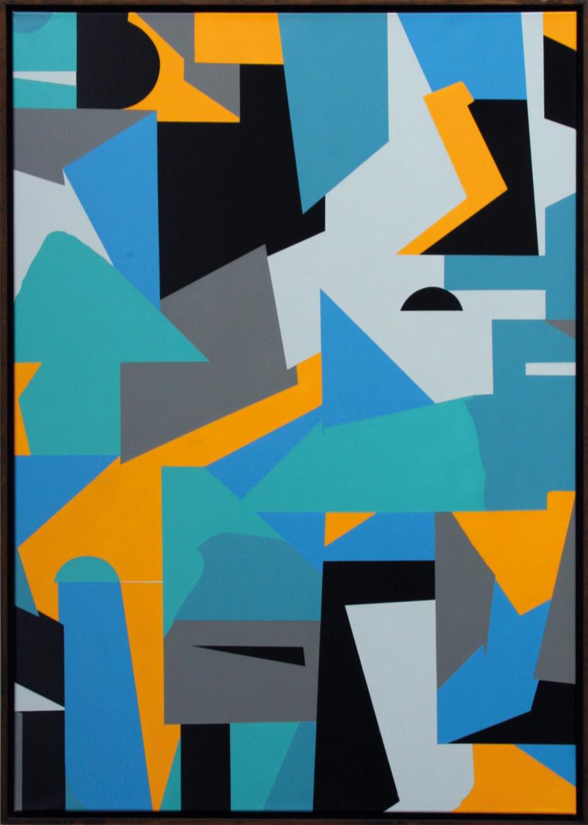 Untitled 028 - Geometric Abstraction with turquoise, black and blue - Painting by Kera