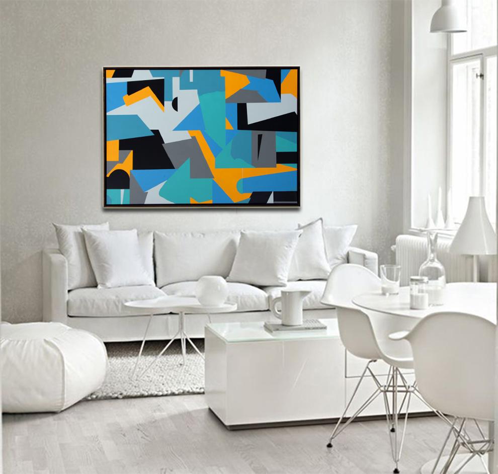 Untitled 028 - Geometric Abstraction with turquoise, black and blue - Brown Interior Painting by Kera