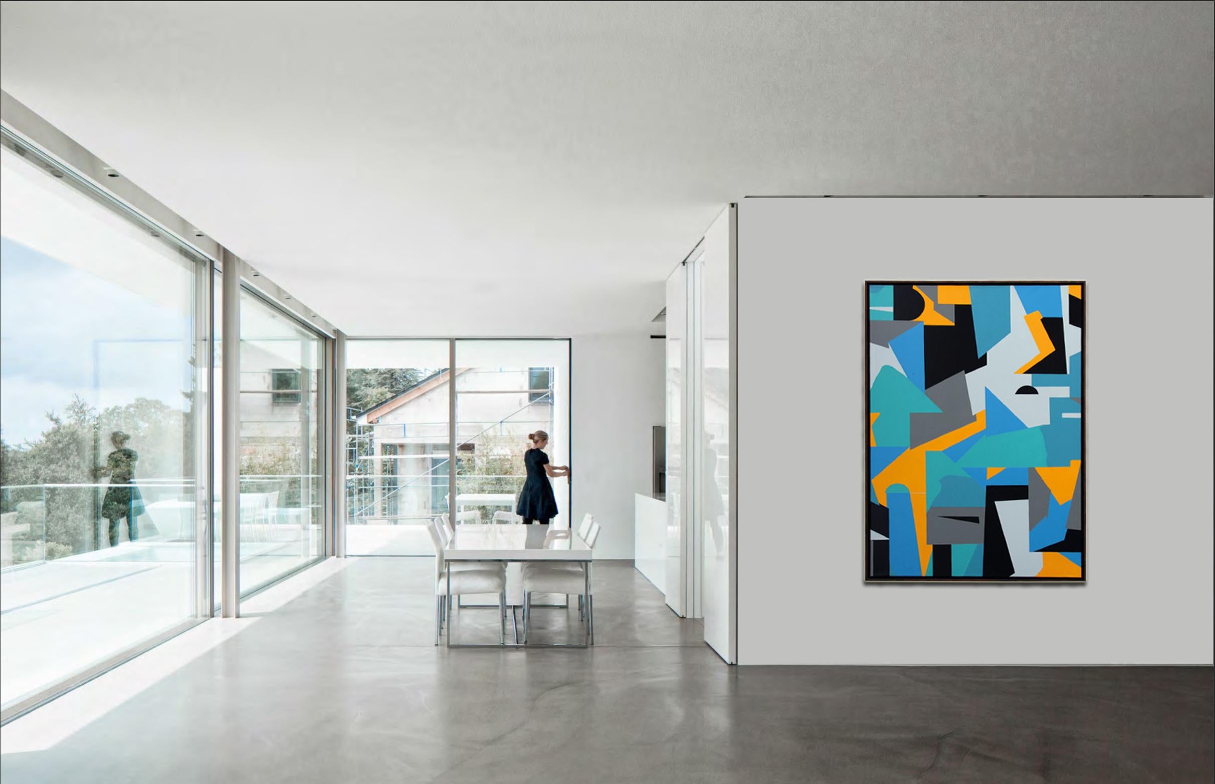Artist: Kera

Geometric abstraction in white, yellow, black and blue

Medium: Acrylics and spraypaint on canvas, framed in thin wood frame.

Size: 130 x 90 cm

Original