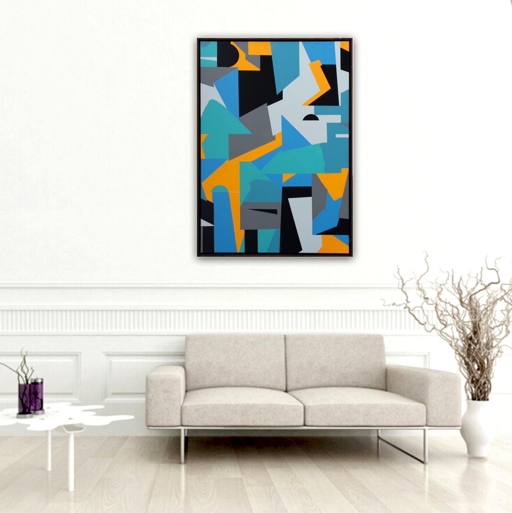Artiste : Kera

Abstraction géométrique en blanc, jaune, noir et bleu

Médium : Acrylique et peinture en spray sur toile, encadré dans un cadre en bois fin.

Taille : 130 x 90 cm

Peinture