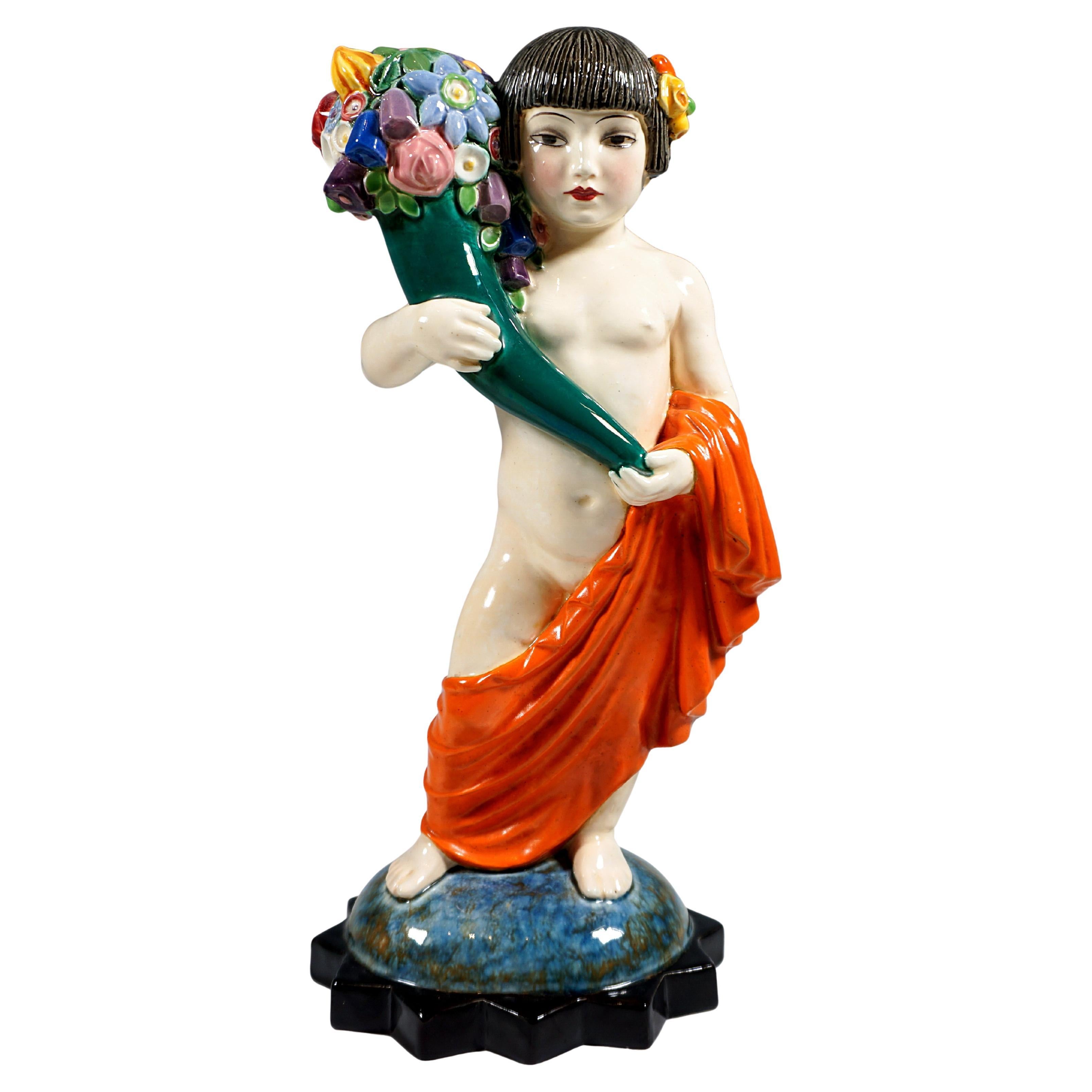 Keramos Art Déco Figure, Japanese Girl With Cornucopia, Podany, Vienna ca 1925