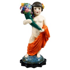 Keramos Art Déco Figure, Japanese Girl With Cornucopia, Podany, Vienna ca 1925