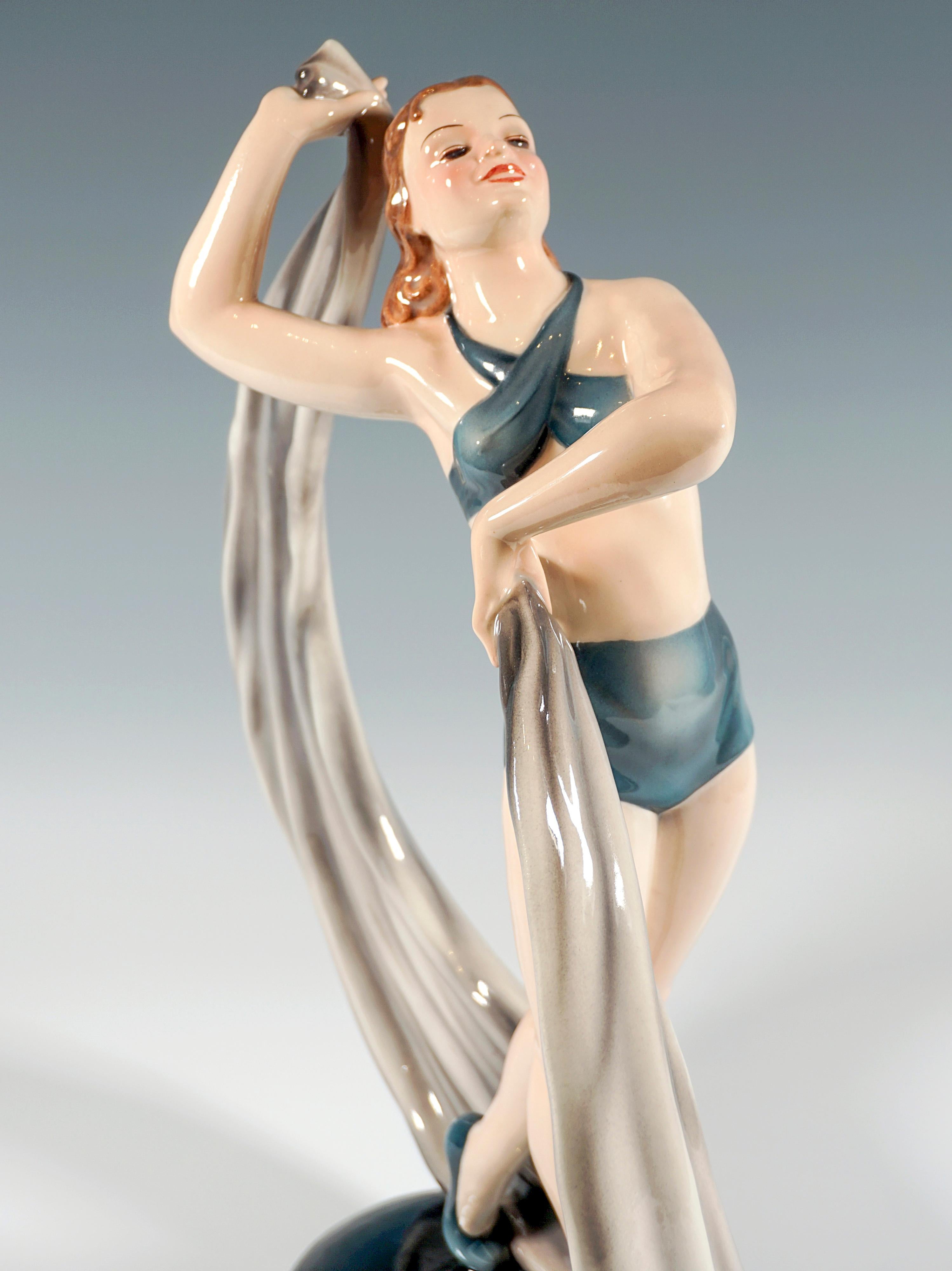 Mid-20th Century Keramos Art Déco Posing Dancer With Cloth by Stephan Dakon, Vienna ca 1945 For Sale