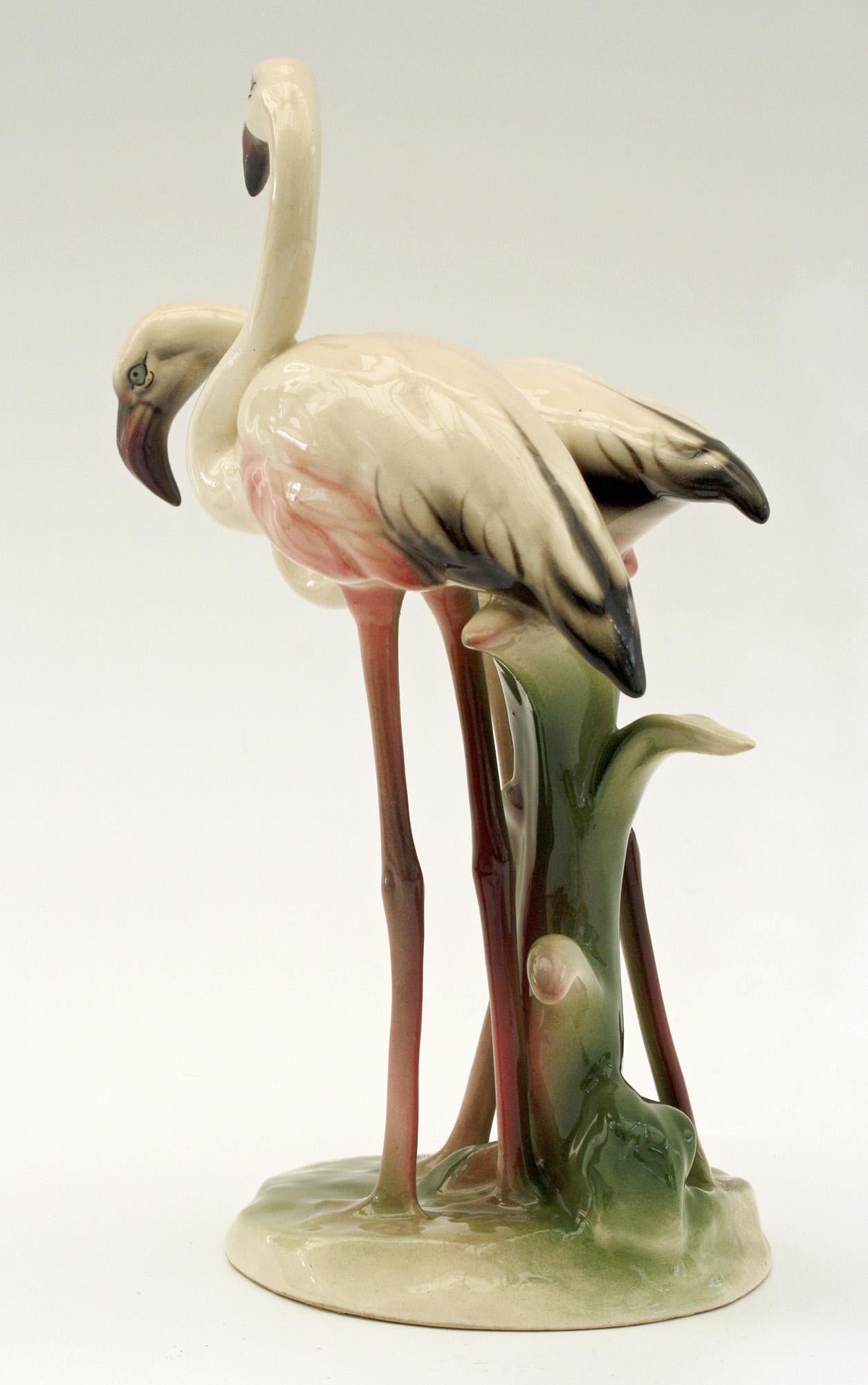 Early 20th Century Keramos Austrian Wien Art Deco Pottery Flamingos Figure