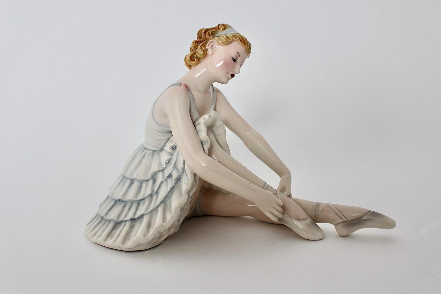 Hand-Carved Keramos Mid Century Modern Pastel Blue Dancer Ballerina Stephan Dakon C. 1949  For Sale