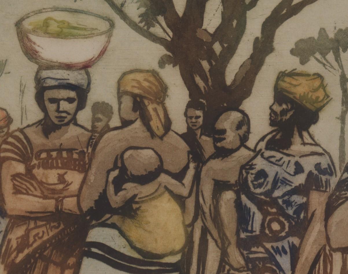 Kerels Henry, Kongo, Indigene Kunst, geätzt und farbig gefärbt (Radiert) im Angebot