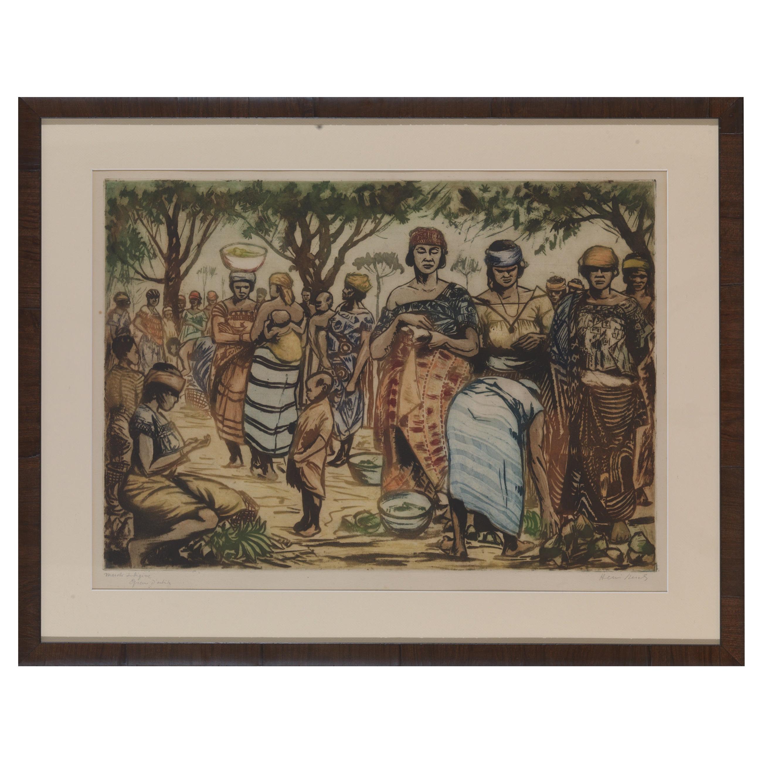 Kerels Henry, Kongo, Indigene Kunst, geätzt und farbig gefärbt im Angebot