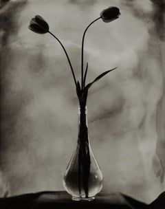 Botella azul y dos tulipanes (Tintype)