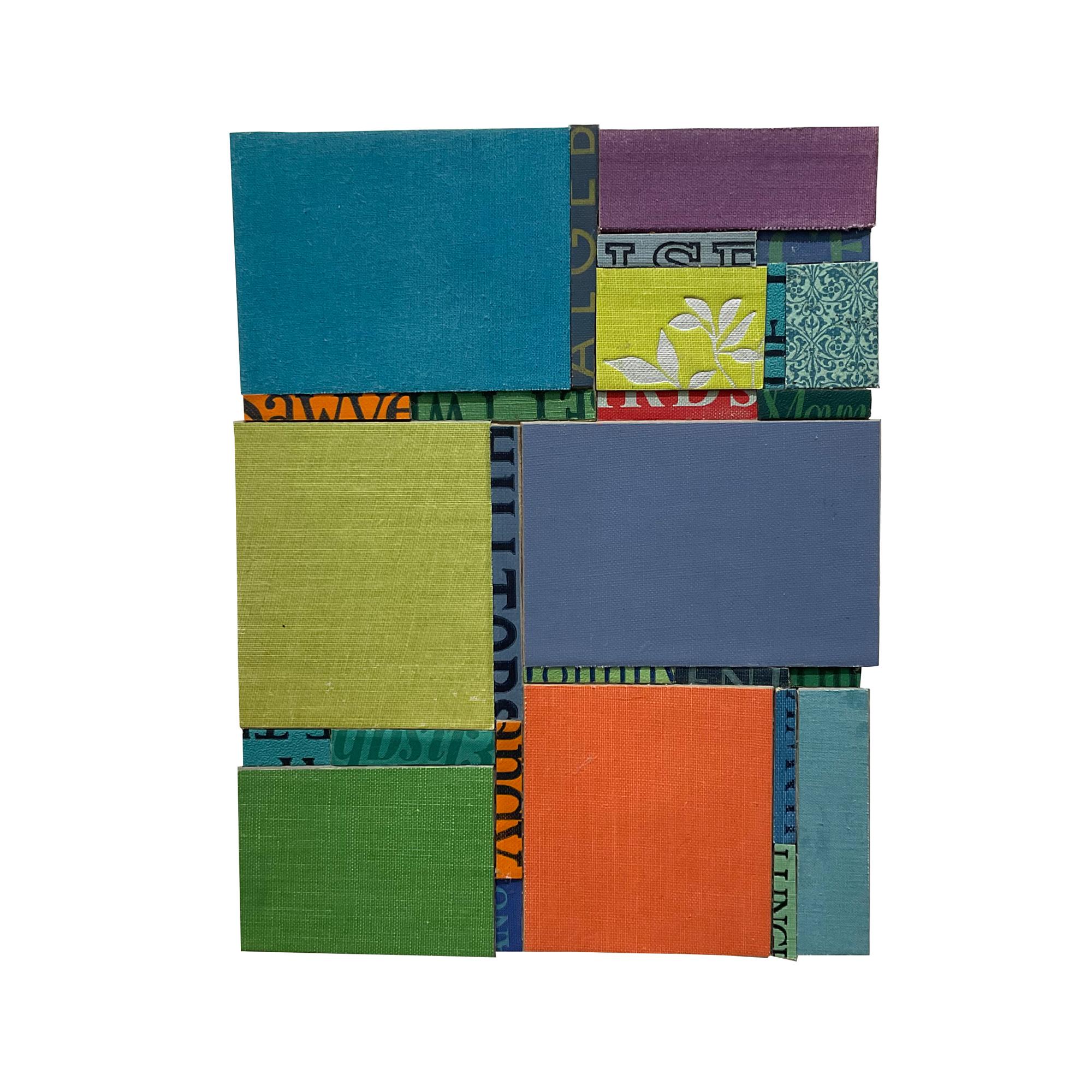 "Colorblocks" is a colorful contemporary abstract hardcover book collage on wood panel by San Carlos, CA based artist, Kerith Lisi. This vibrant piece features an array of rectangular book cover pieces in tones of green, blue-green, orange, and