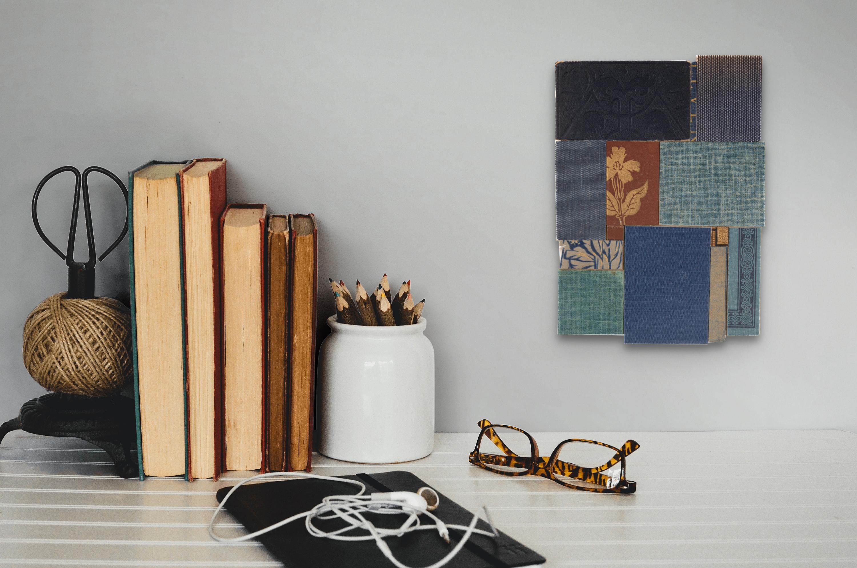 « In Parting », un collage abstrait de couvertures de livres en bois sur panneau, par Kerith Lisi en vente 3