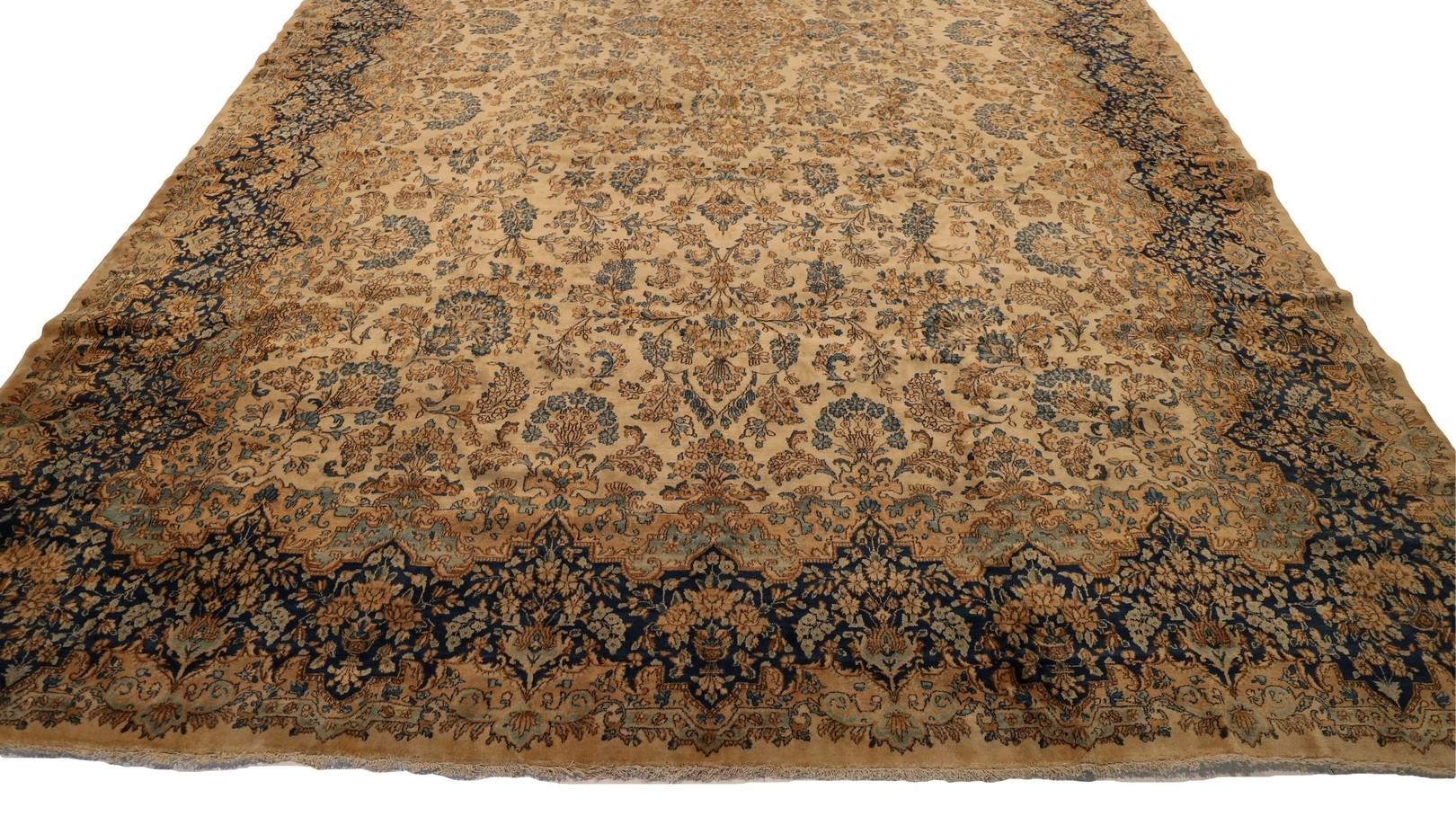 Persian Kerman Antique Floral Gallery Size rug, Beige Blue - 11'7