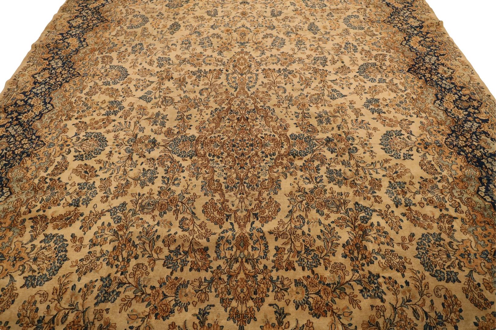 Antiker geblümter Teppich von Kerman in Galeriegröße, beigeblau - 11'7