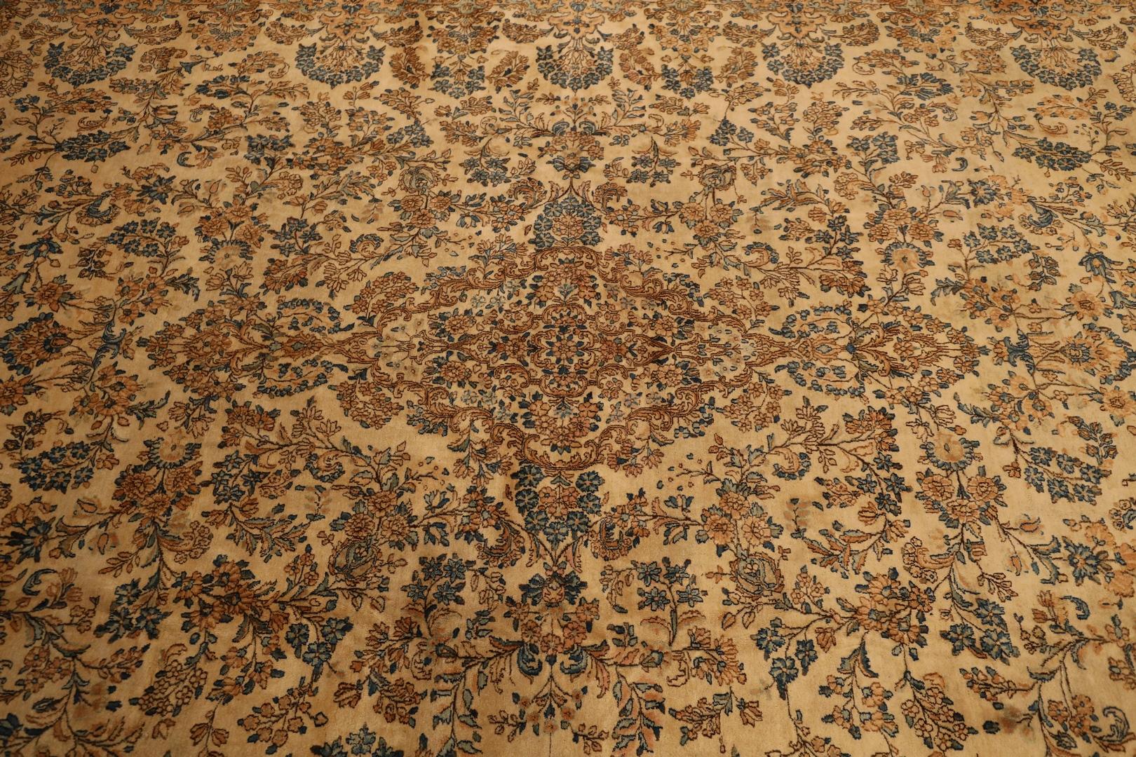 Wool Kerman Antique Floral Gallery Size rug, Beige Blue - 11'7