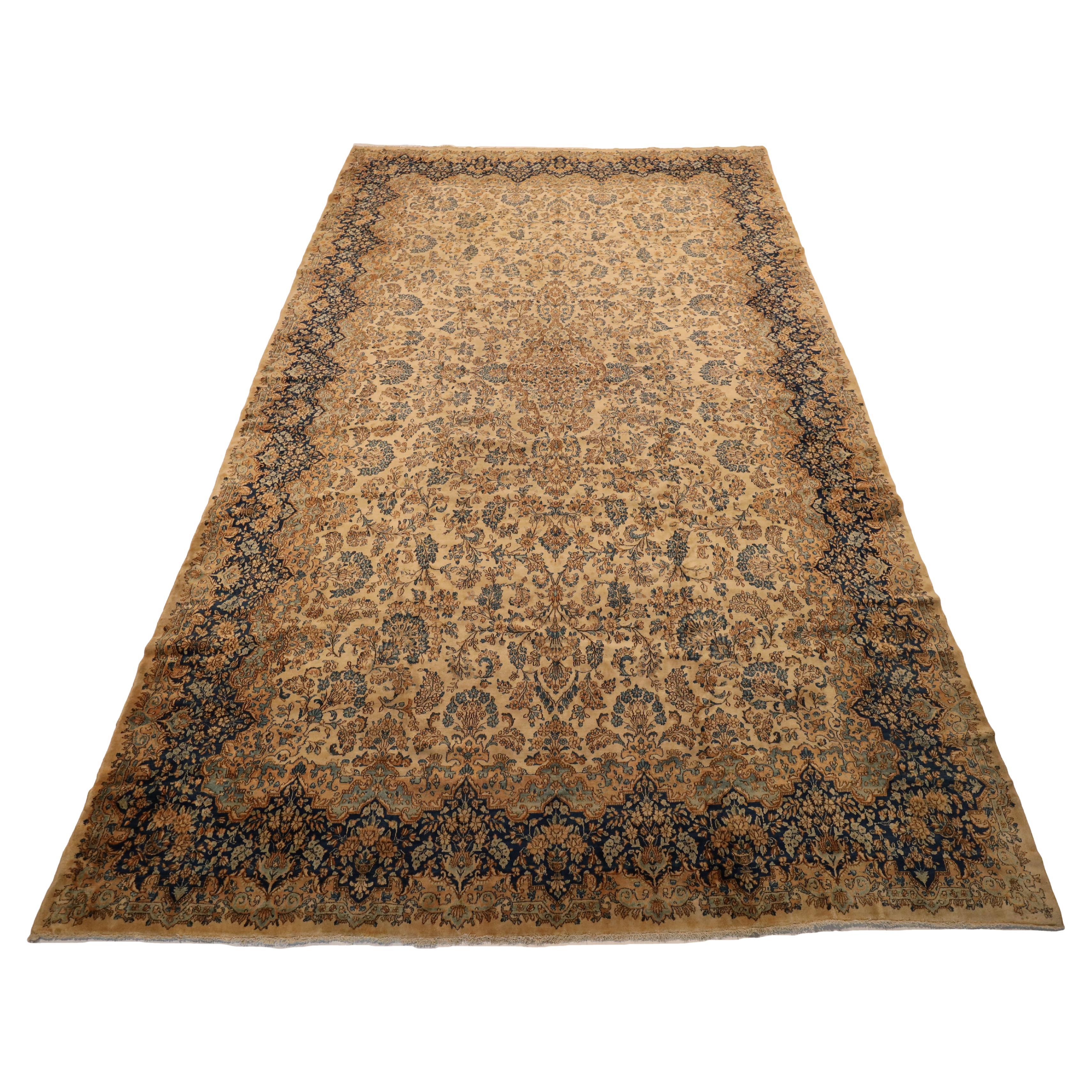 Kerman Antique Floral Gallery Size rug, Beige Blue - 11'7" x 18'9" For Sale