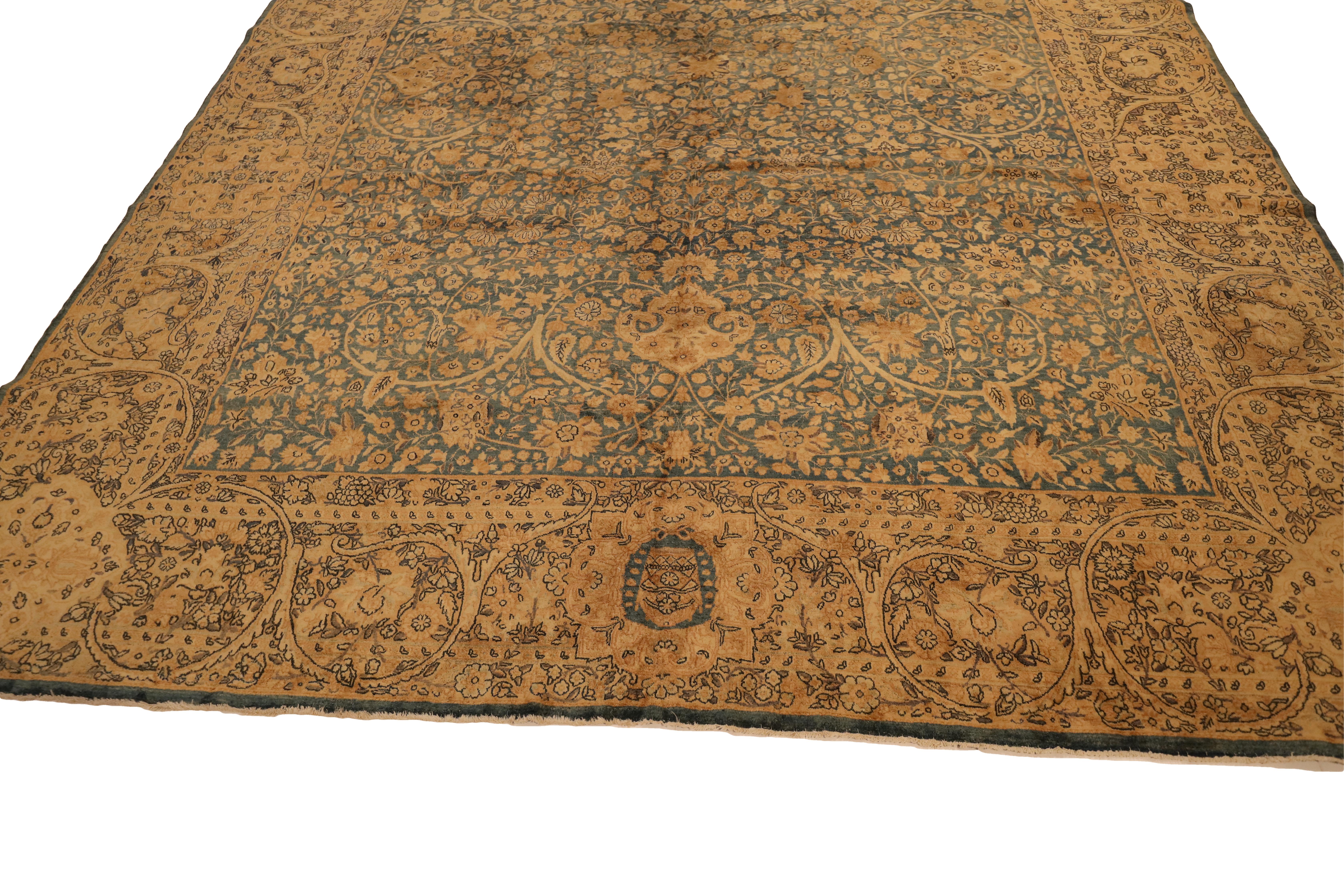 Kirman Kerman Antique Gallery Size Rug, Beige & Light/Medium-Blue - 10 x 19 For Sale