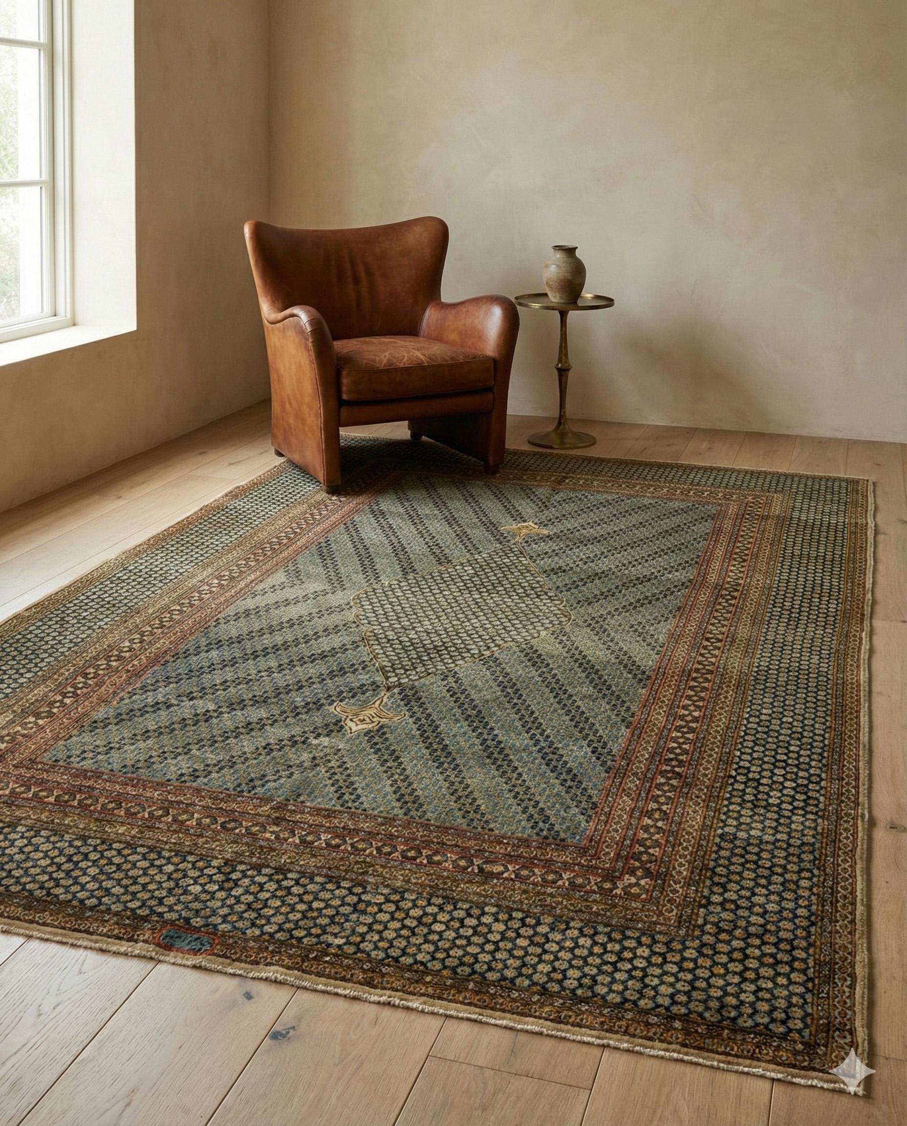 Tappeto area Kerman 

Squisita geometria persiana
Rara e affascinante opera d'arte annodata a mano, questo pregiato tappeto persiano combina una geometria precisa con una sottile eleganza decorativa. Il medaglione centrale a cartiglio allungato