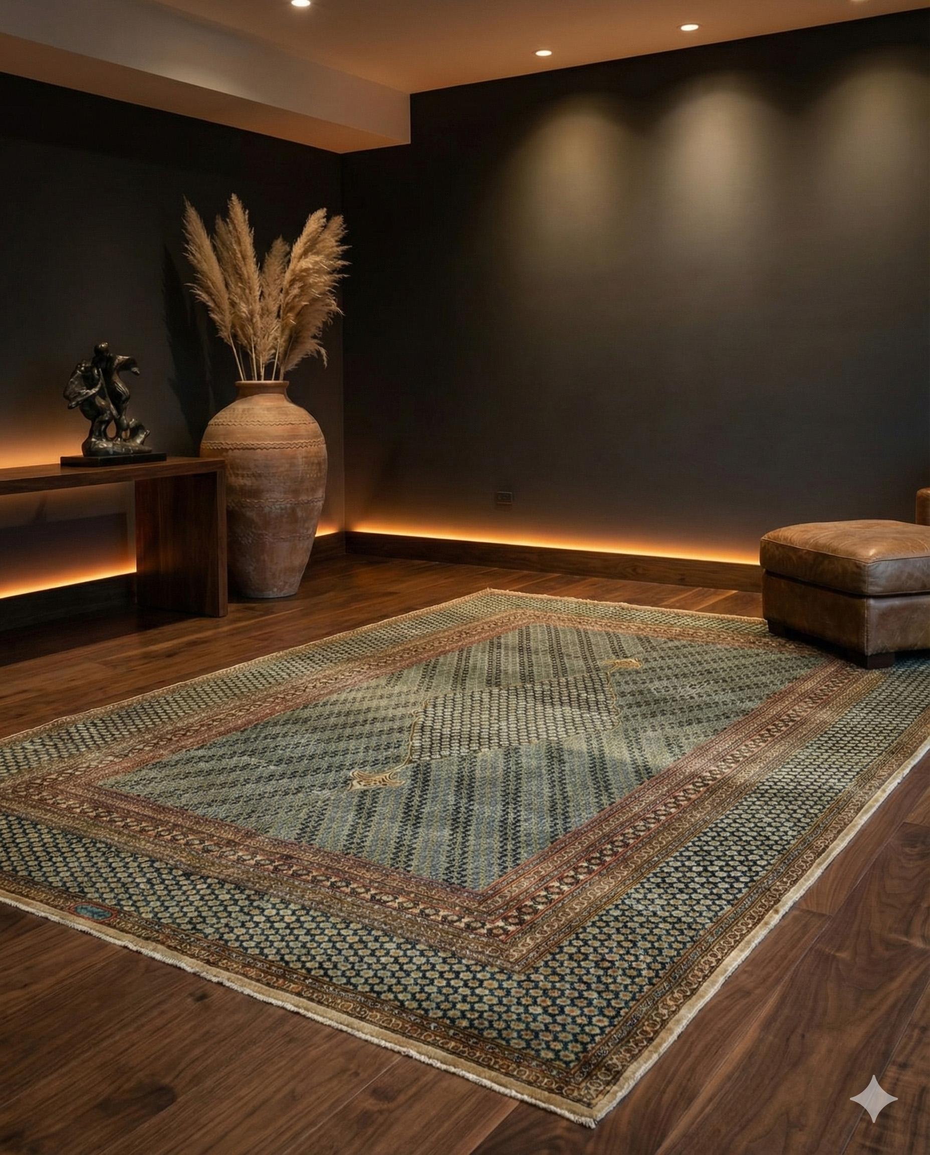 Lana Tappeto Kerman tessuto a mano - Medaglione centrale - Motivi geometrici - 6 ft X 9 ft in vendita