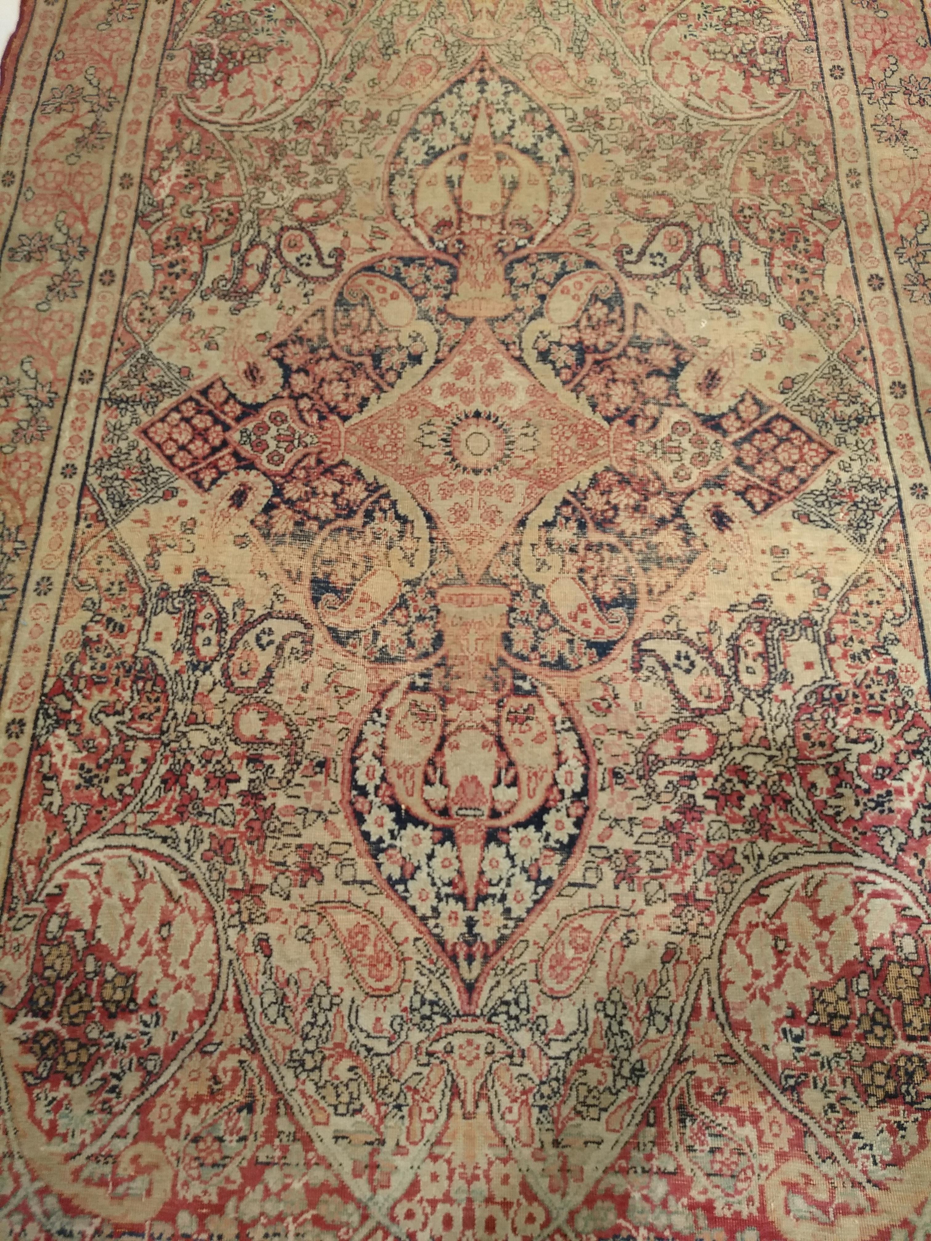 19th Century Persian Kerman Lavar in Medallion Pattern in Pale Yellow, Red, Blue For Sale 4