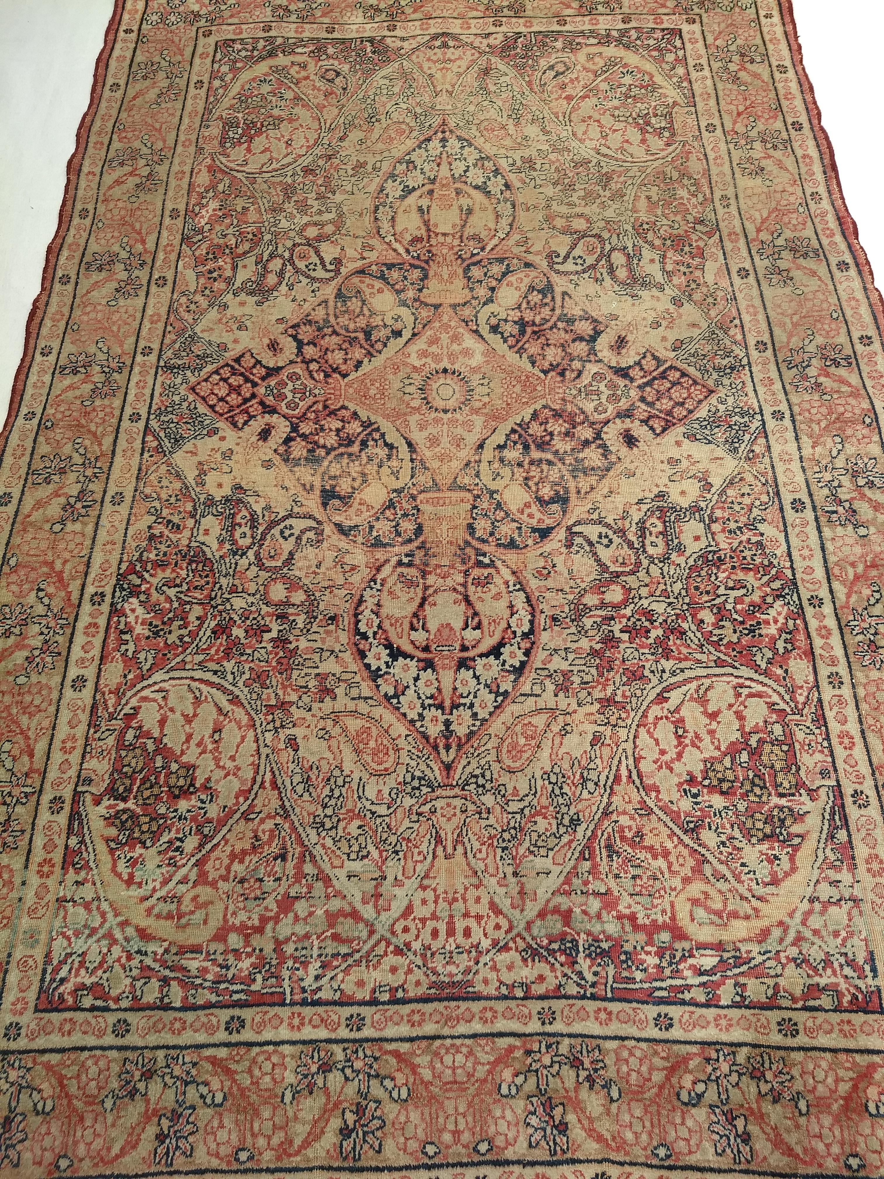 19th Century Persian Kerman Lavar in Medallion Pattern in Pale Yellow, Red, Blue For Sale 5