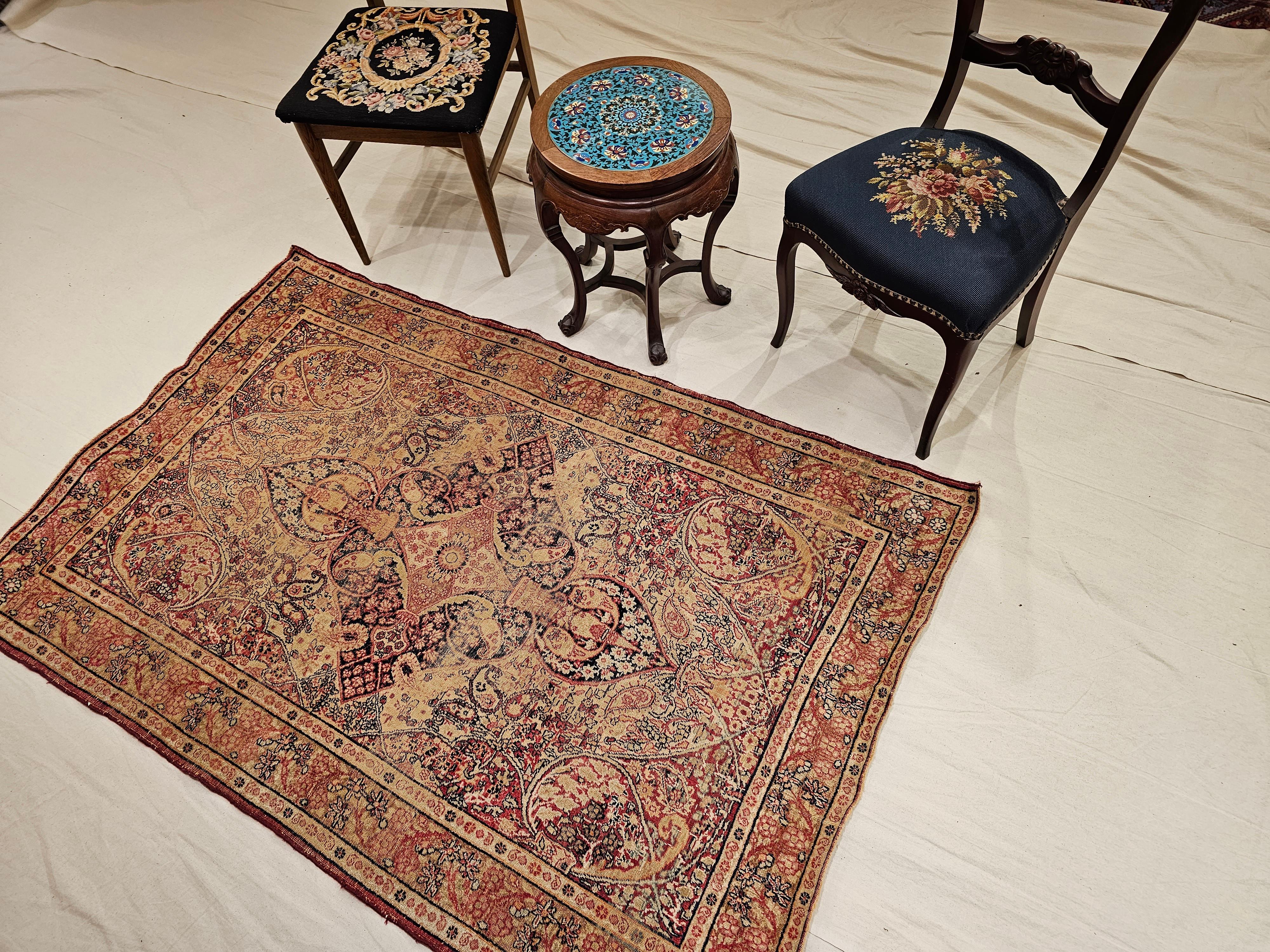 19th Century Persian Kerman Lavar in Medallion Pattern in Pale Yellow, Red, Blue For Sale 6