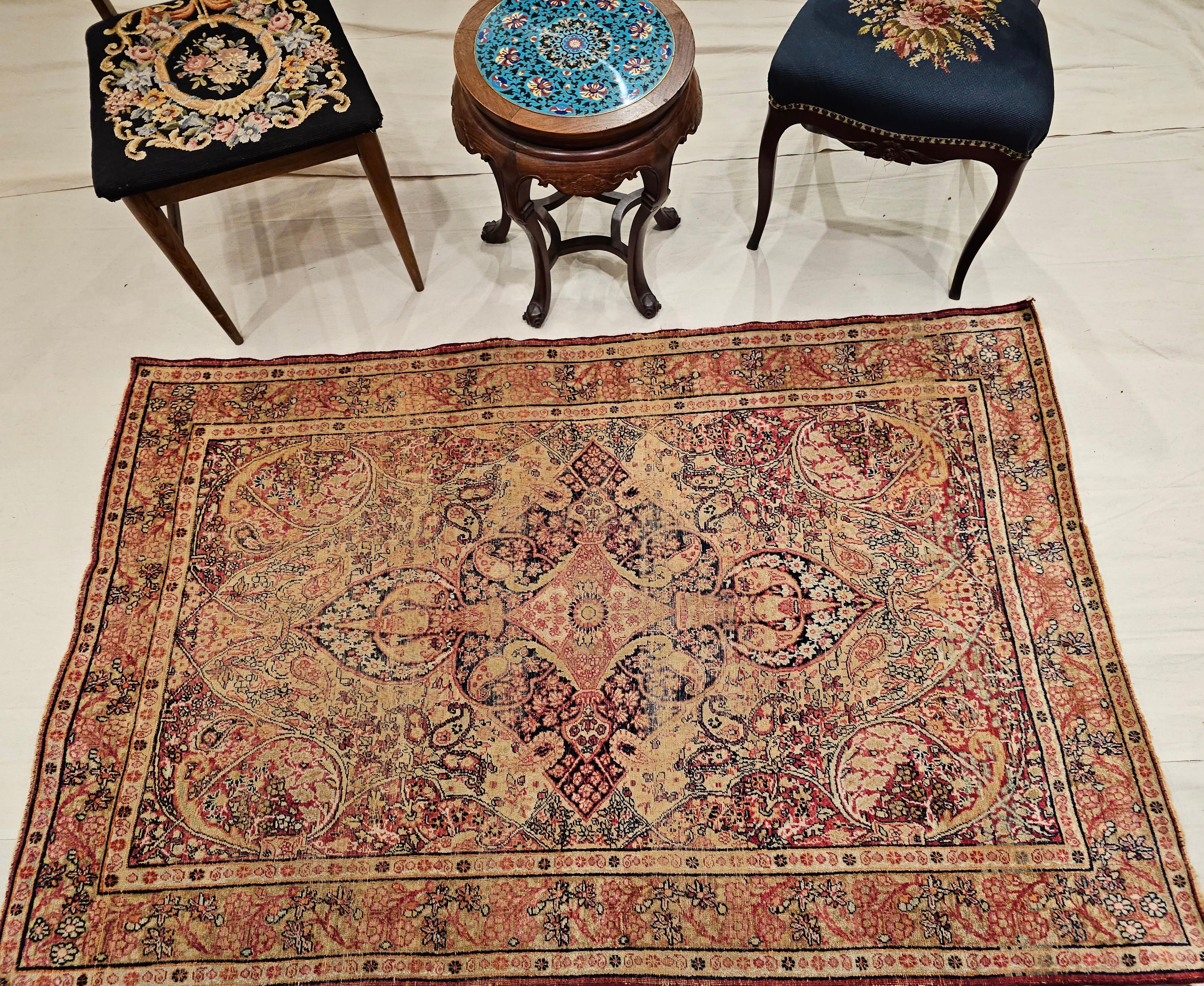 19th Century Persian Kerman Lavar in Medallion Pattern in Pale Yellow, Red, Blue For Sale 7
