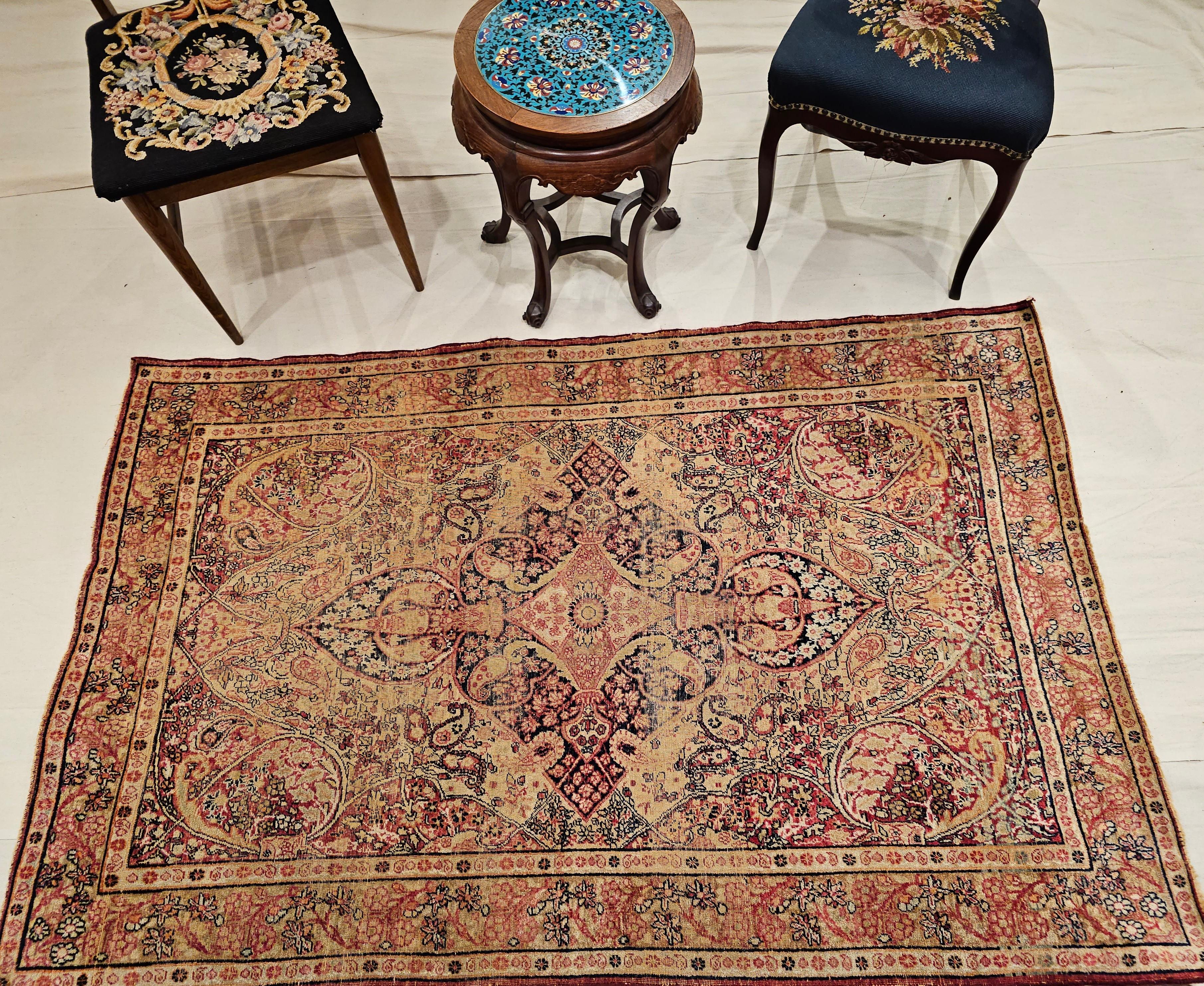 19th Century Persian Kerman Lavar in Medallion Pattern in Pale Yellow, Red, Blue For Sale 5