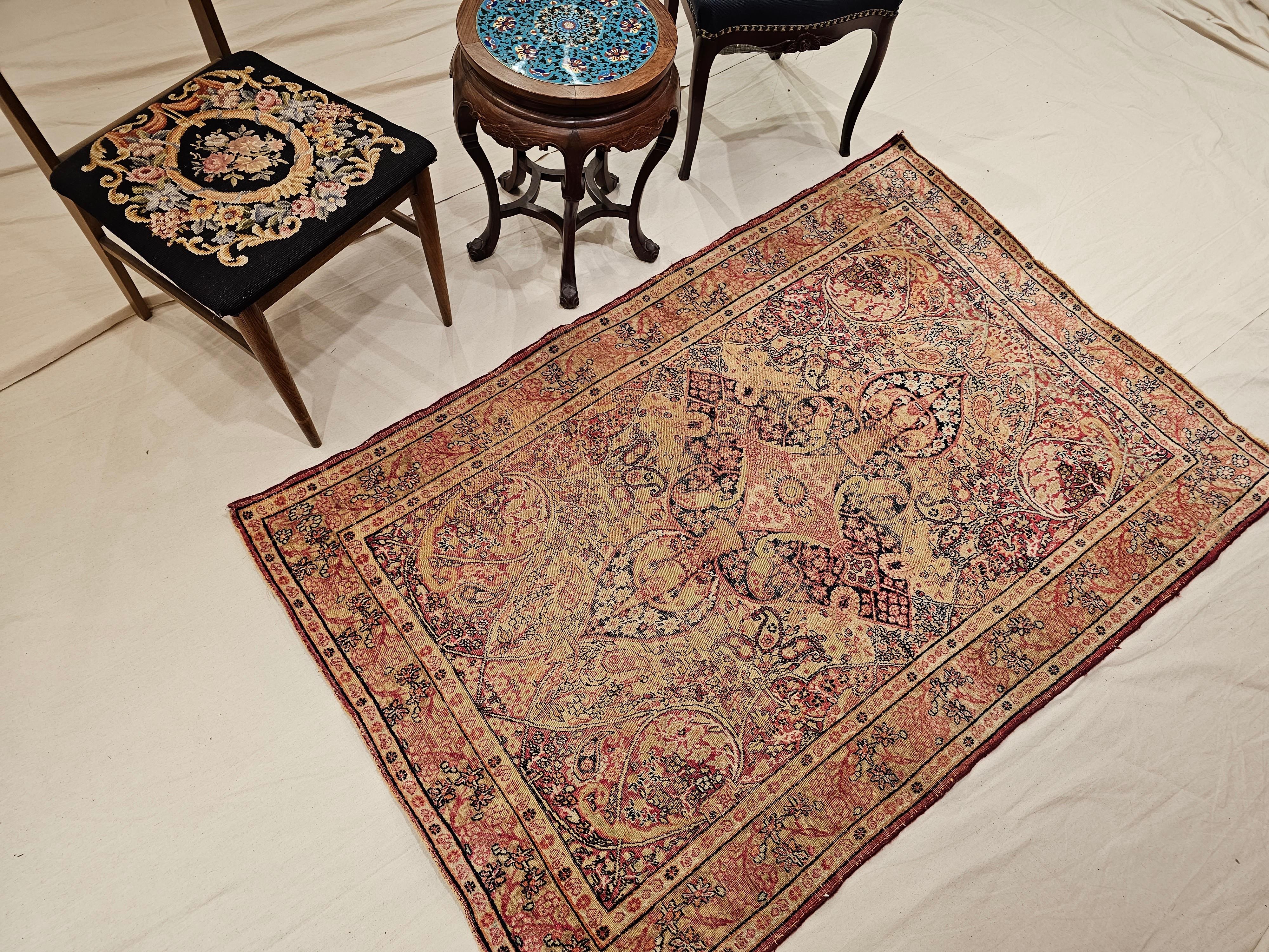 19th Century Persian Kerman Lavar in Medallion Pattern in Pale Yellow, Red, Blue For Sale 8