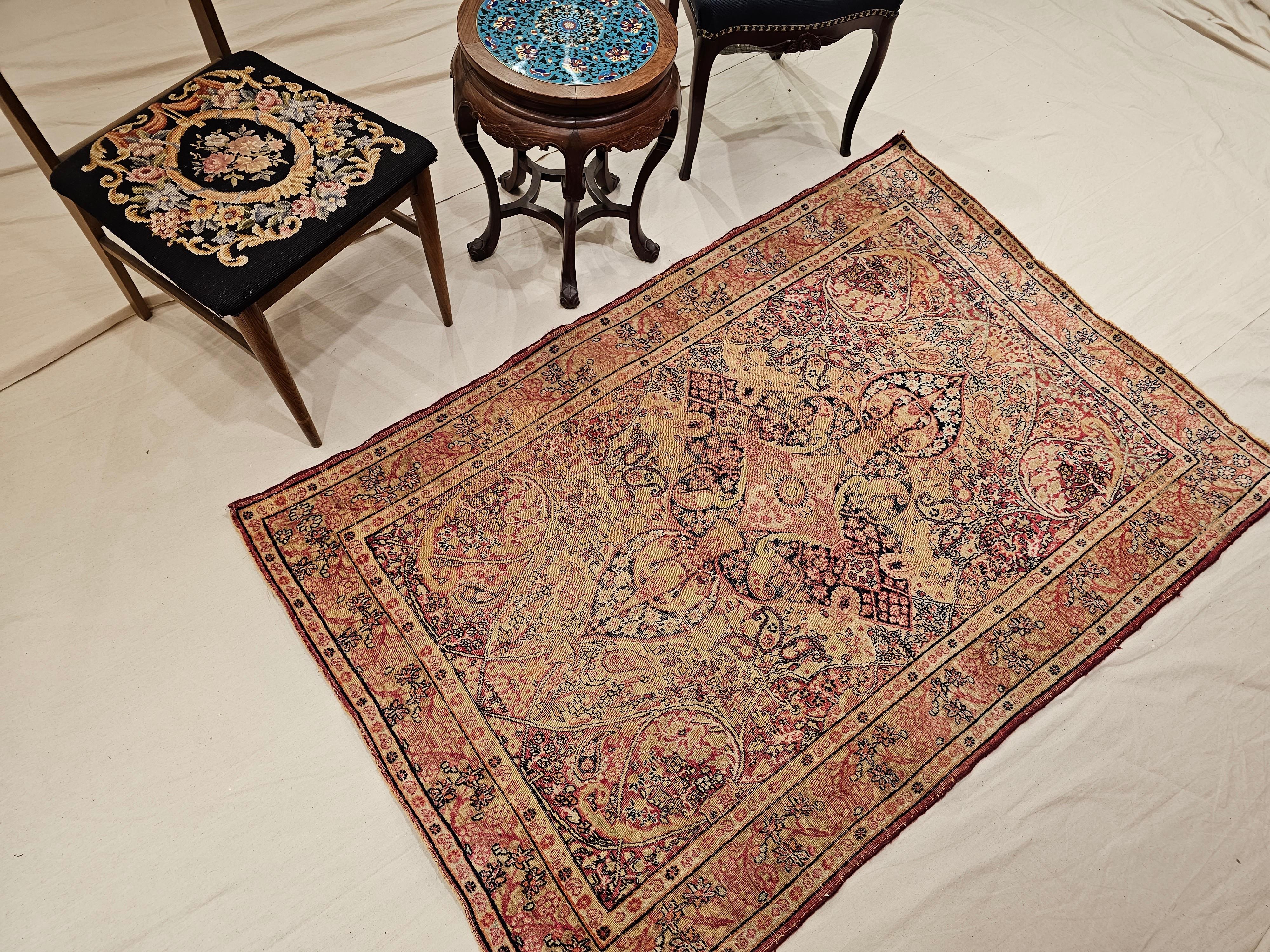 19th Century Persian Kerman Lavar in Medallion Pattern in Pale Yellow, Red, Blue For Sale 6