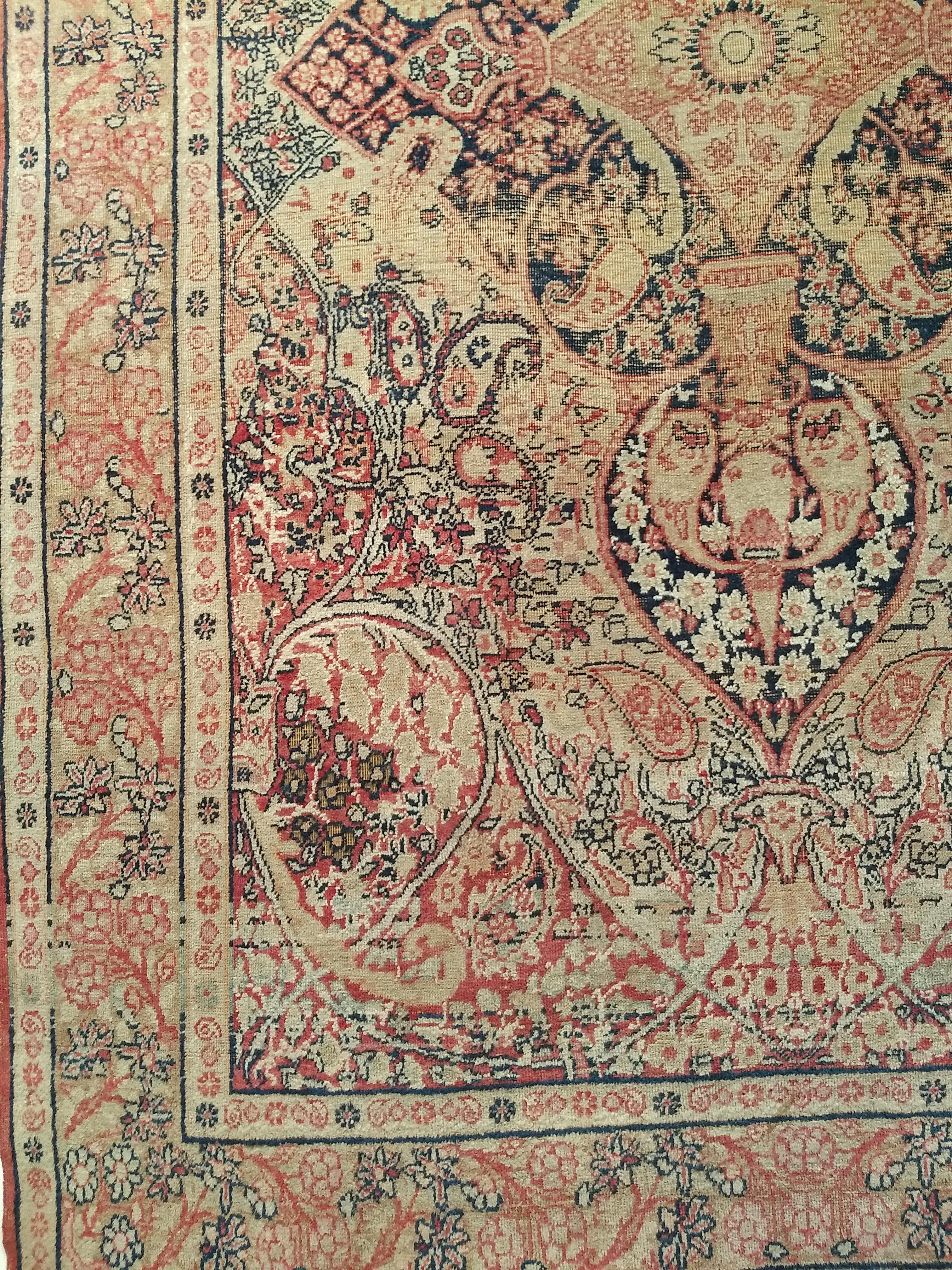 Vegetable Dyed 19th Century Persian Kerman Lavar in Medallion Pattern in Pale Yellow, Red, Blue For Sale