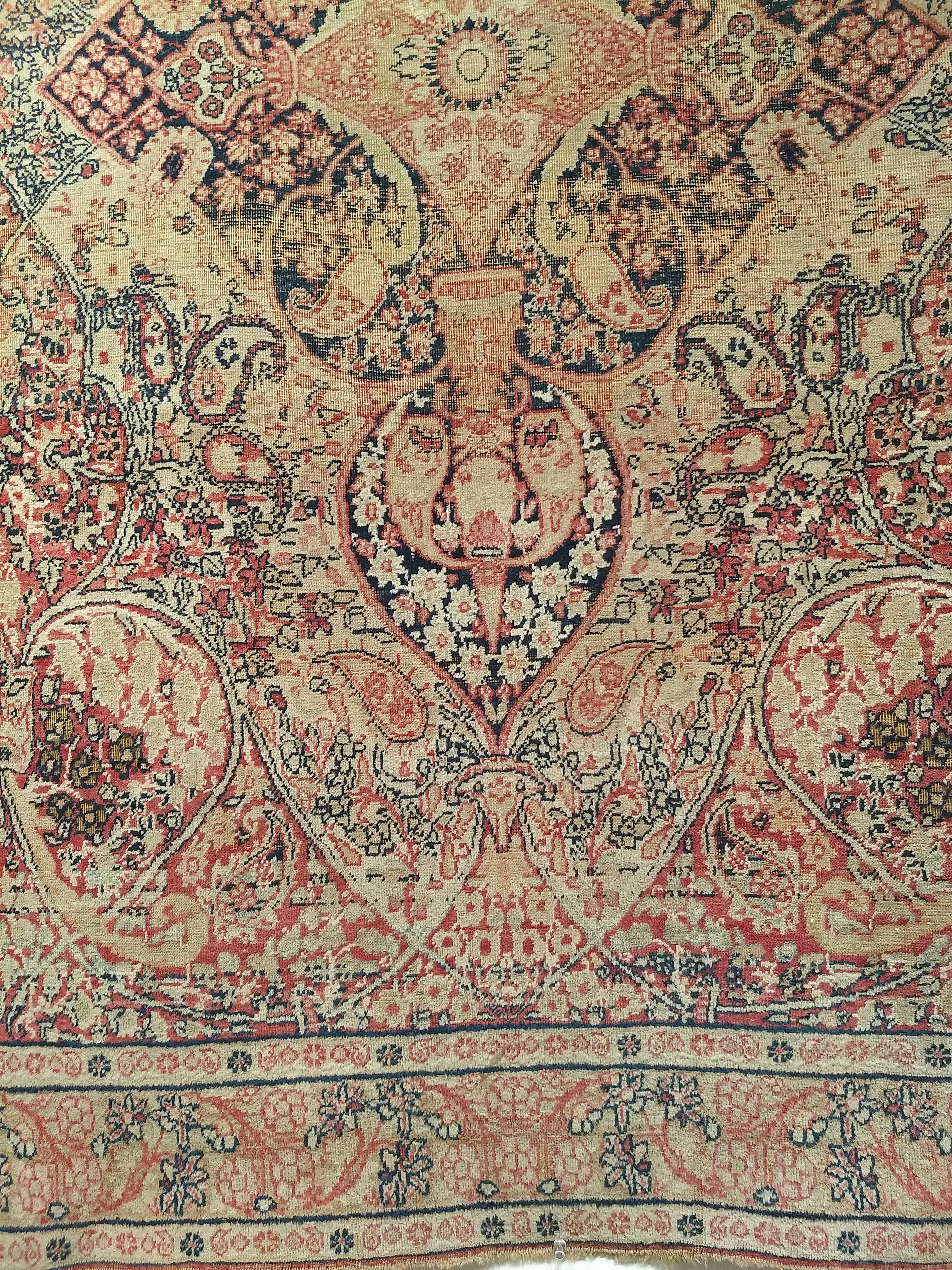 Wool 19th Century Persian Kerman Lavar in Medallion Pattern in Pale Yellow, Red, Blue For Sale